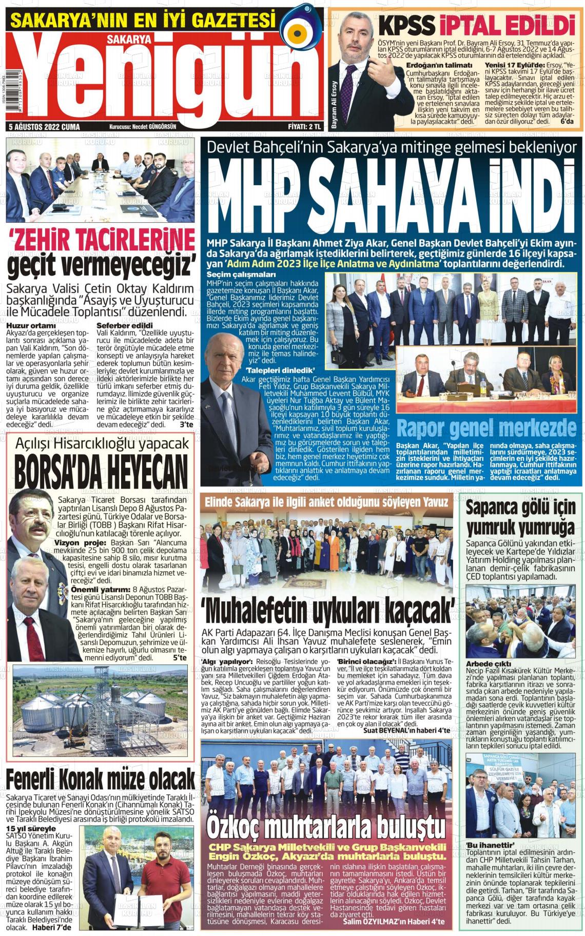 03 Ekim 2022 Sakarya Yenigün Gazete Manşeti