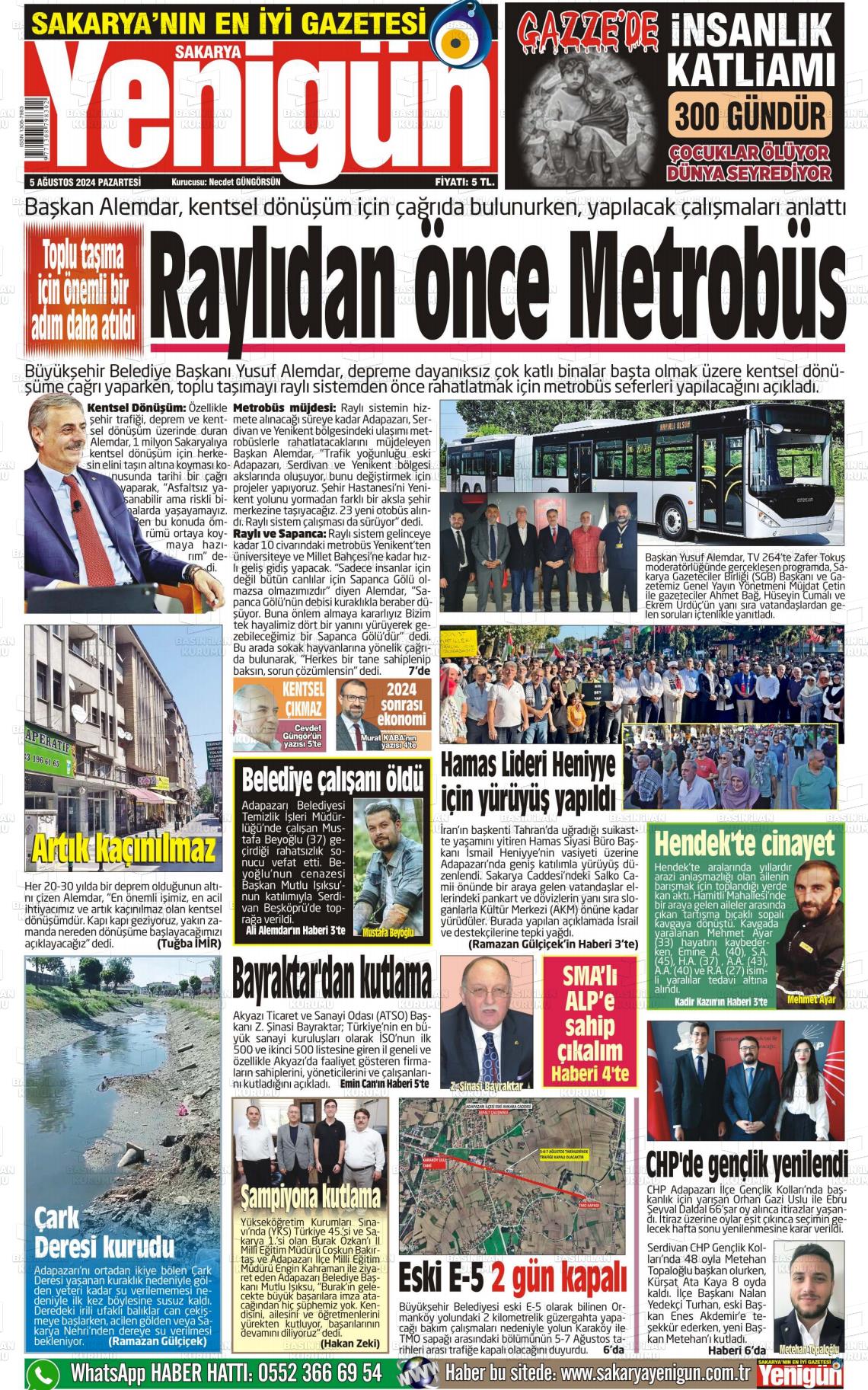 05 Ağustos 2024 Sakarya Yenigün Gazete Manşeti