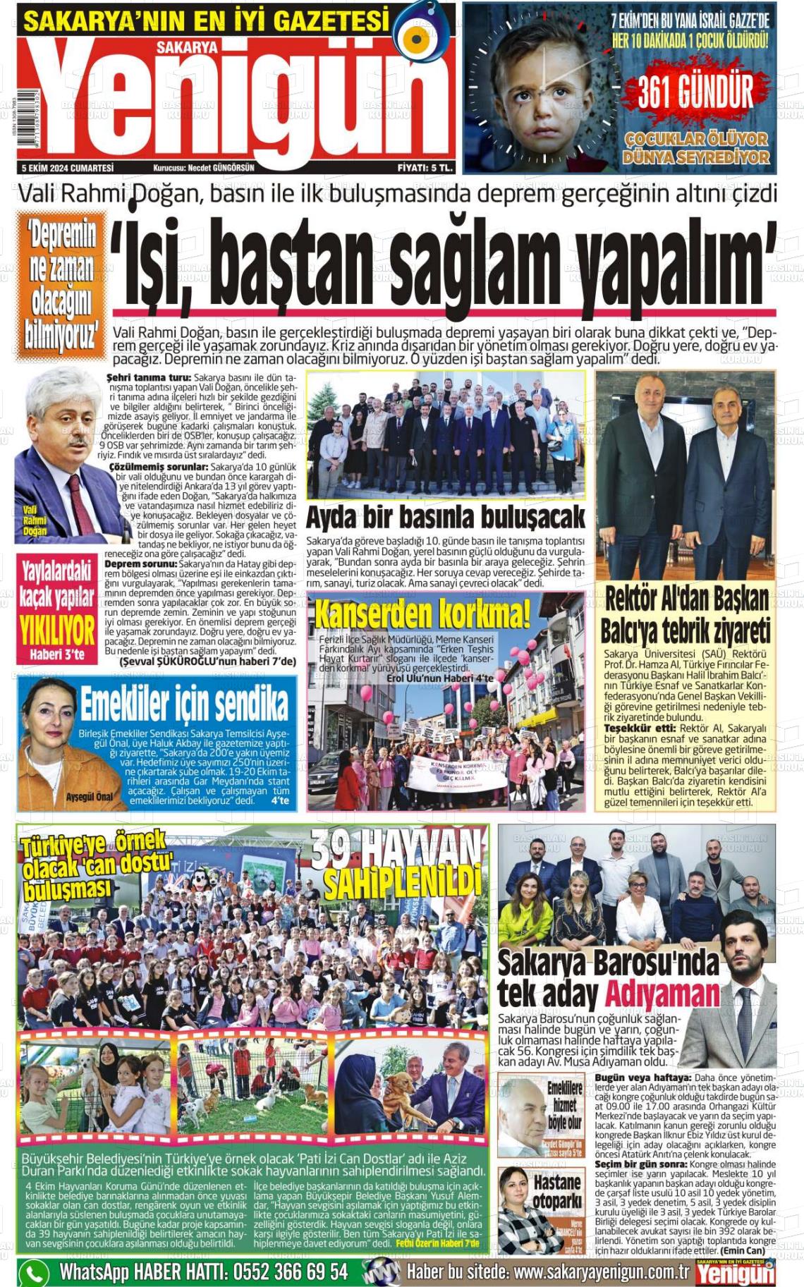 05 Ekim 2024 Sakarya Yenigün Gazete Manşeti