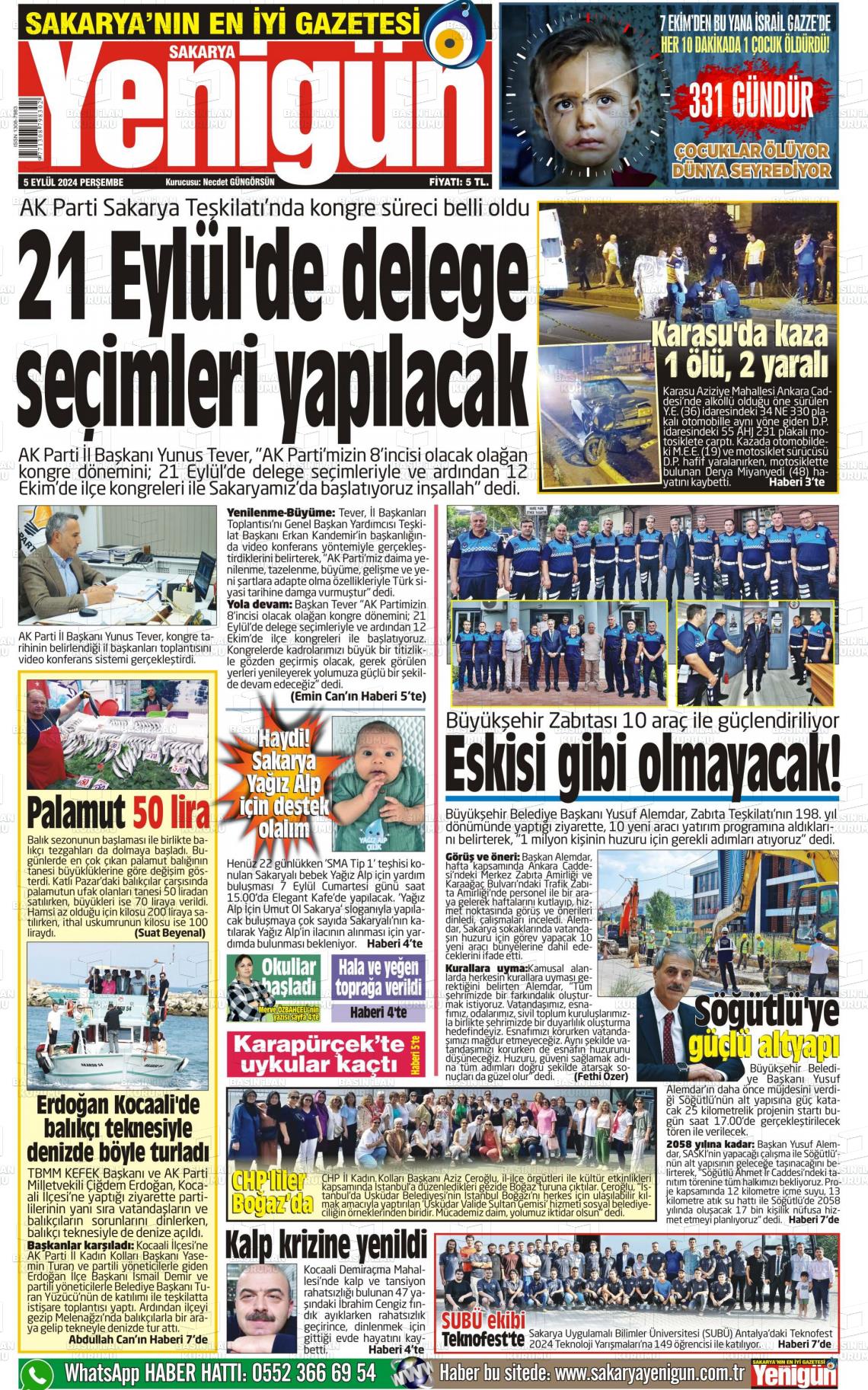 05 Eylül 2024 Sakarya Yenigün Gazete Manşeti