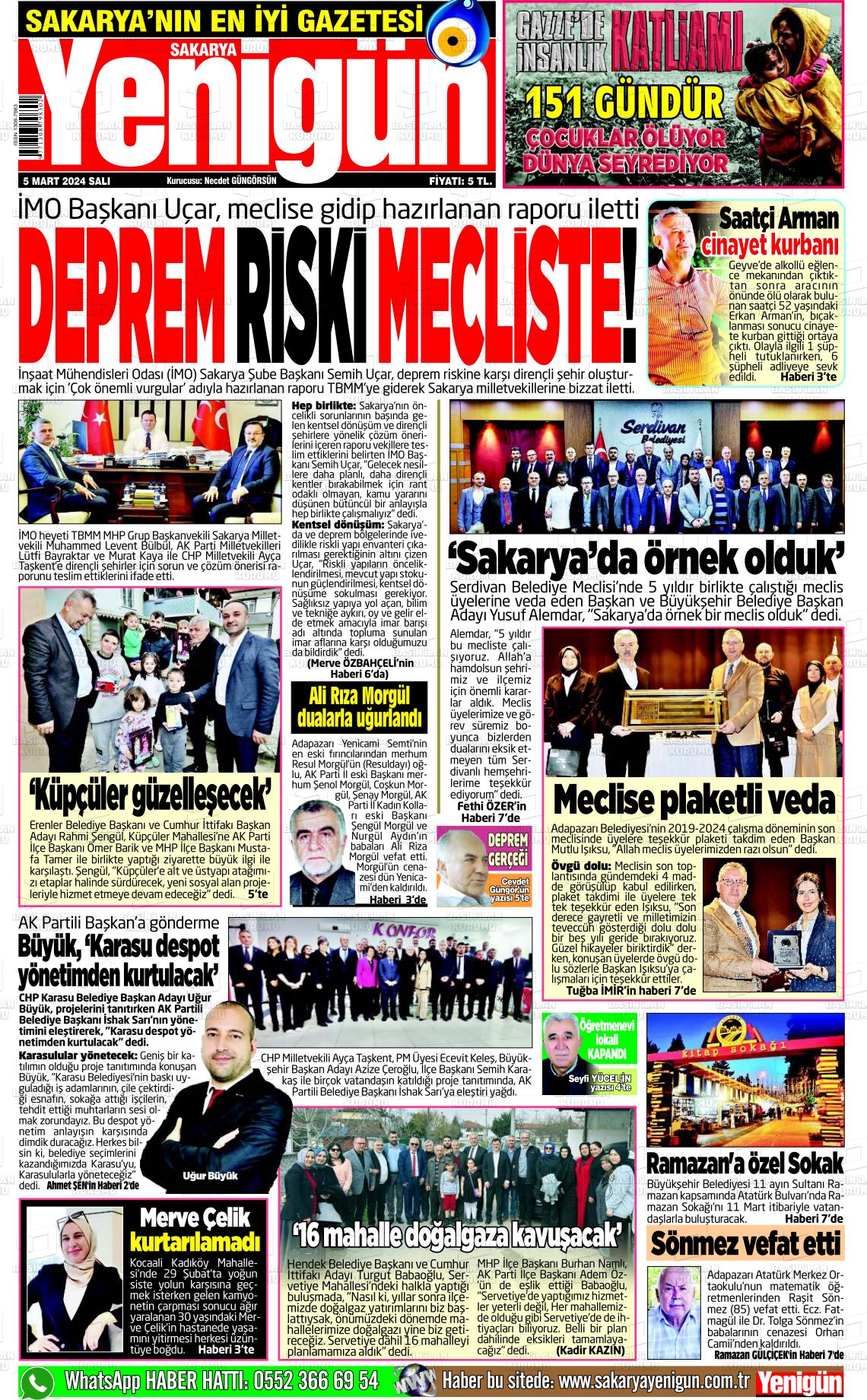 07 Mart 2024 Sakarya Yenigün Gazete Manşeti