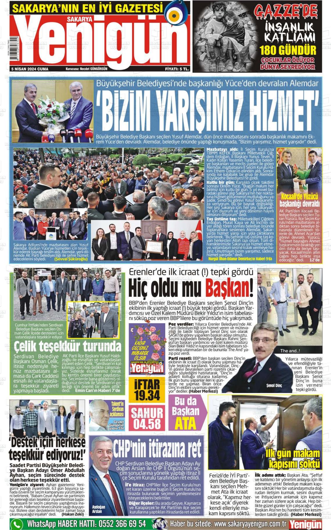 05 Nisan 2024 Sakarya Yenigün Gazete Manşeti