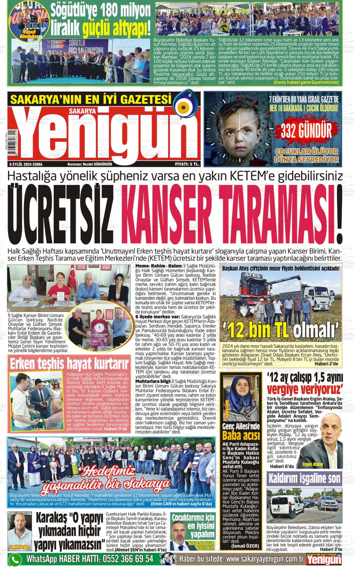 06 Eylül 2024 Sakarya Yenigün Gazete Manşeti