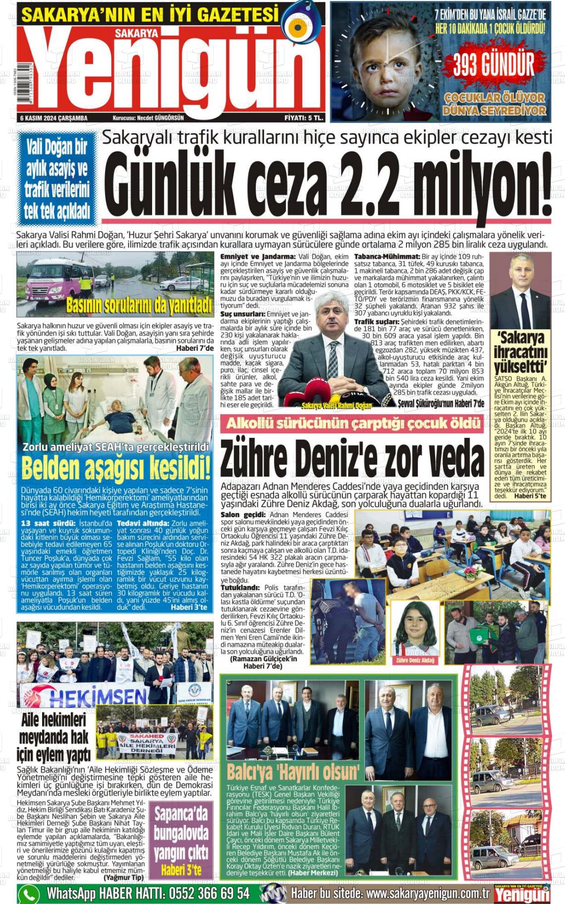 06 Kasım 2024 Sakarya Yenigün Gazete Manşeti