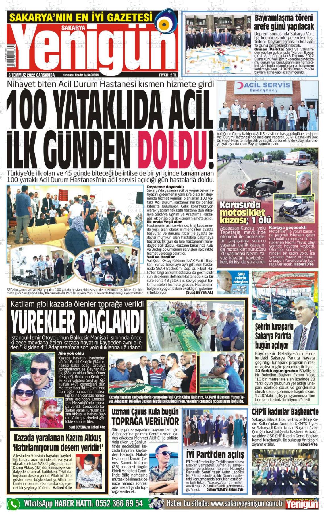 06 Temmuz 2022 Sakarya Yenigün Gazete Manşeti