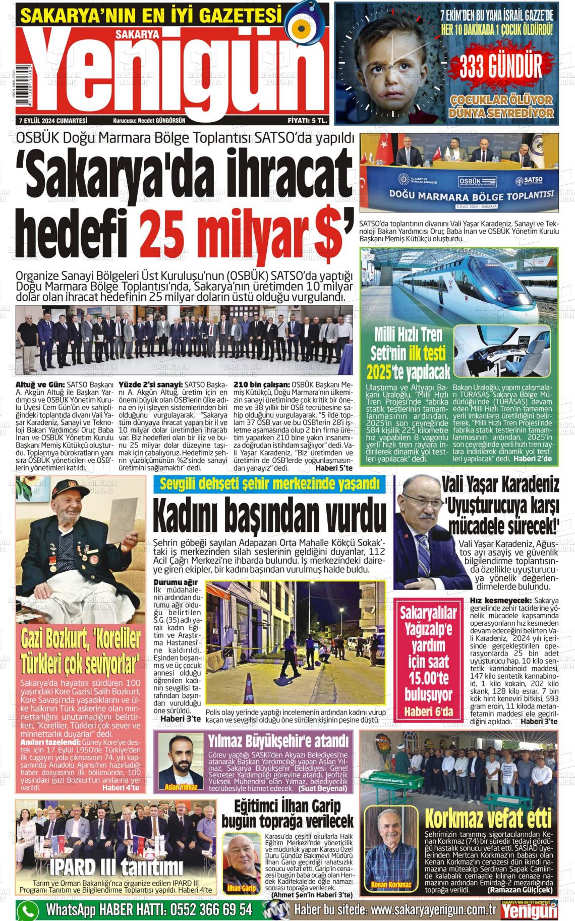 07 Eylül 2024 Sakarya Yenigün Gazete Manşeti