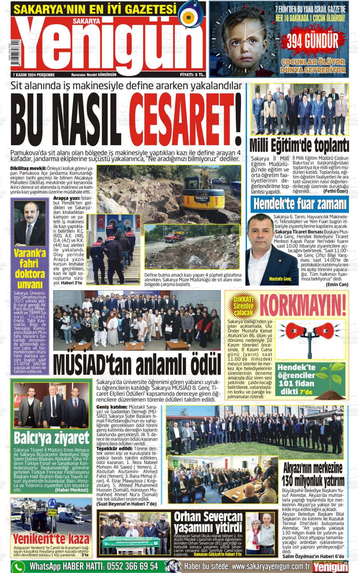 07 Kasım 2024 Sakarya Yenigün Gazete Manşeti