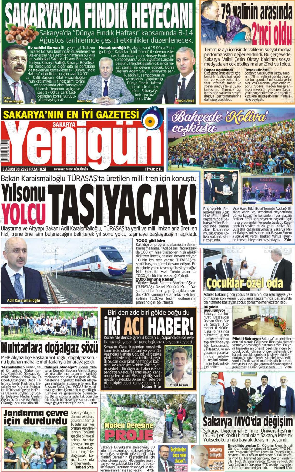 08 Ağustos 2022 Sakarya Yenigün Gazete Manşeti