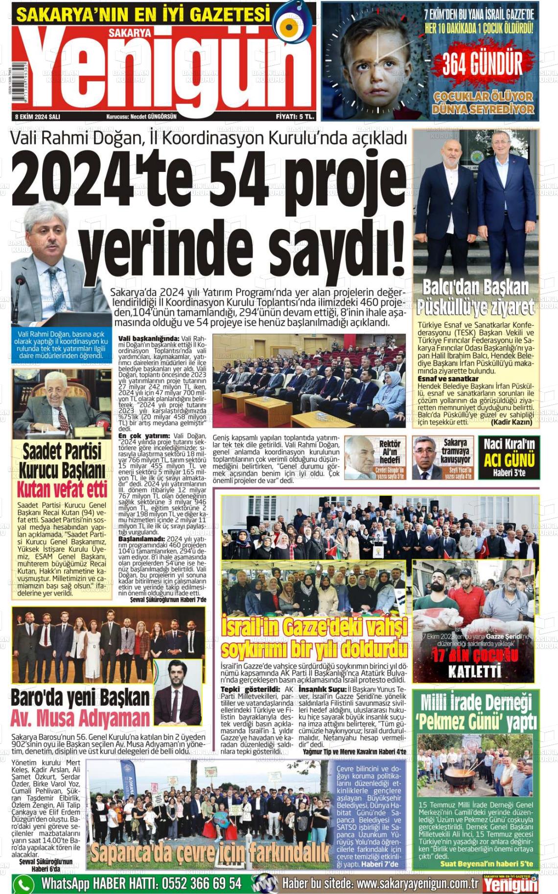 08 Ekim 2024 Sakarya Yenigün Gazete Manşeti