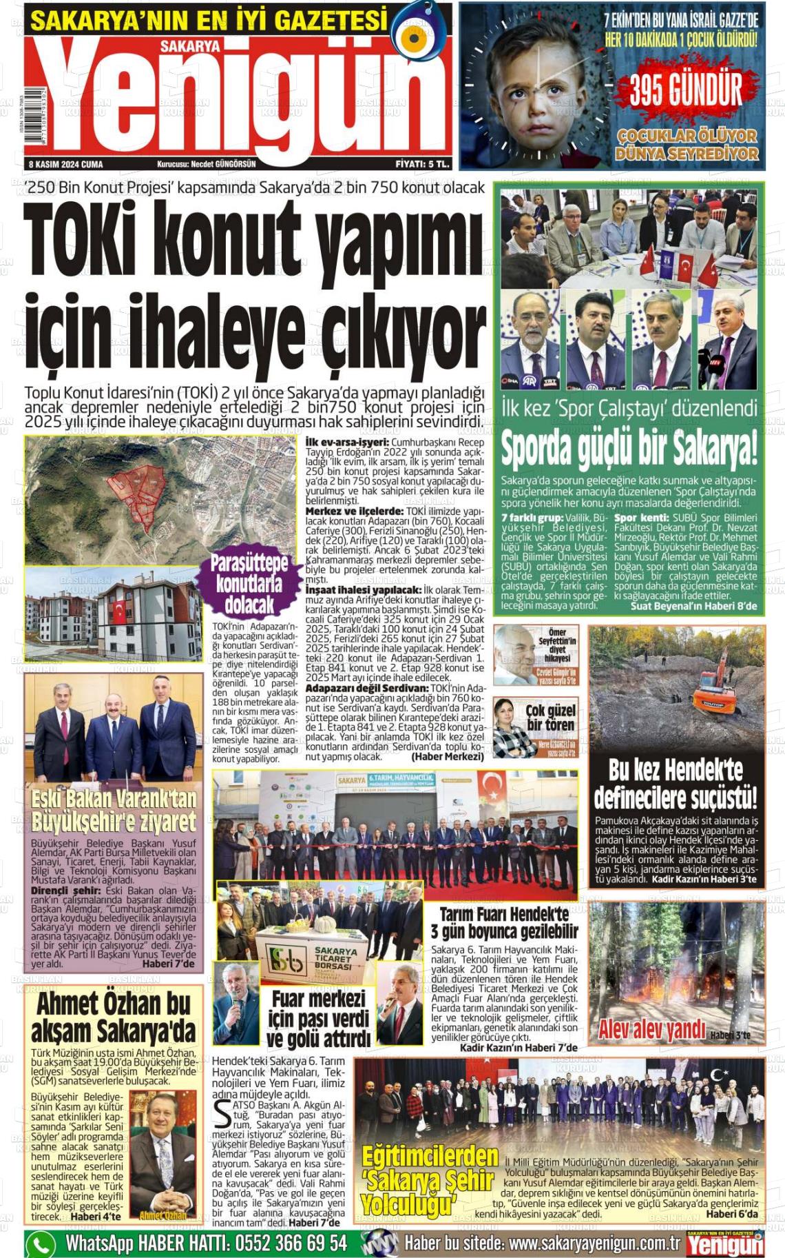 08 Kasım 2024 Sakarya Yenigün Gazete Manşeti