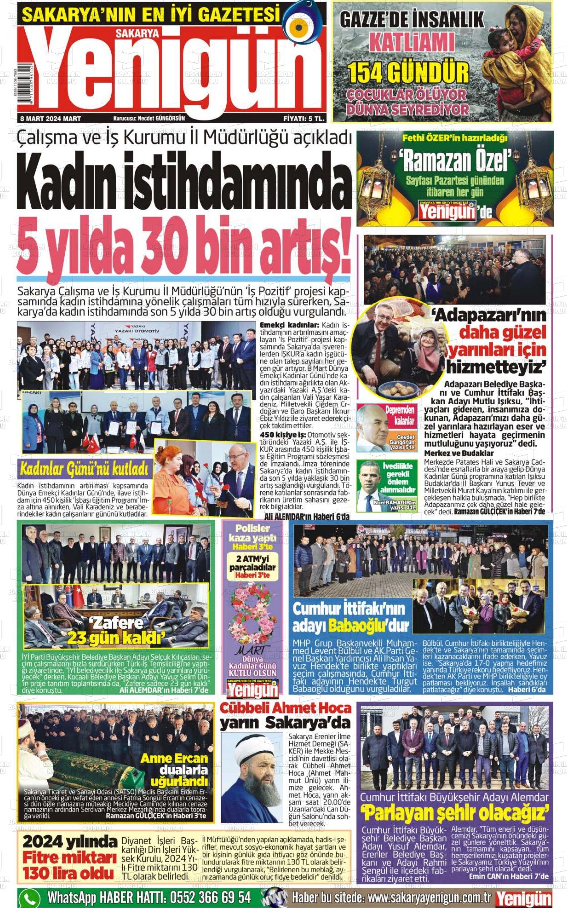 08 Mart 2024 Sakarya Yenigün Gazete Manşeti