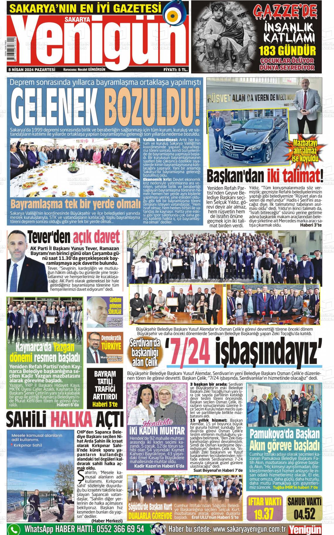 08 Nisan 2024 Sakarya Yenigün Gazete Manşeti