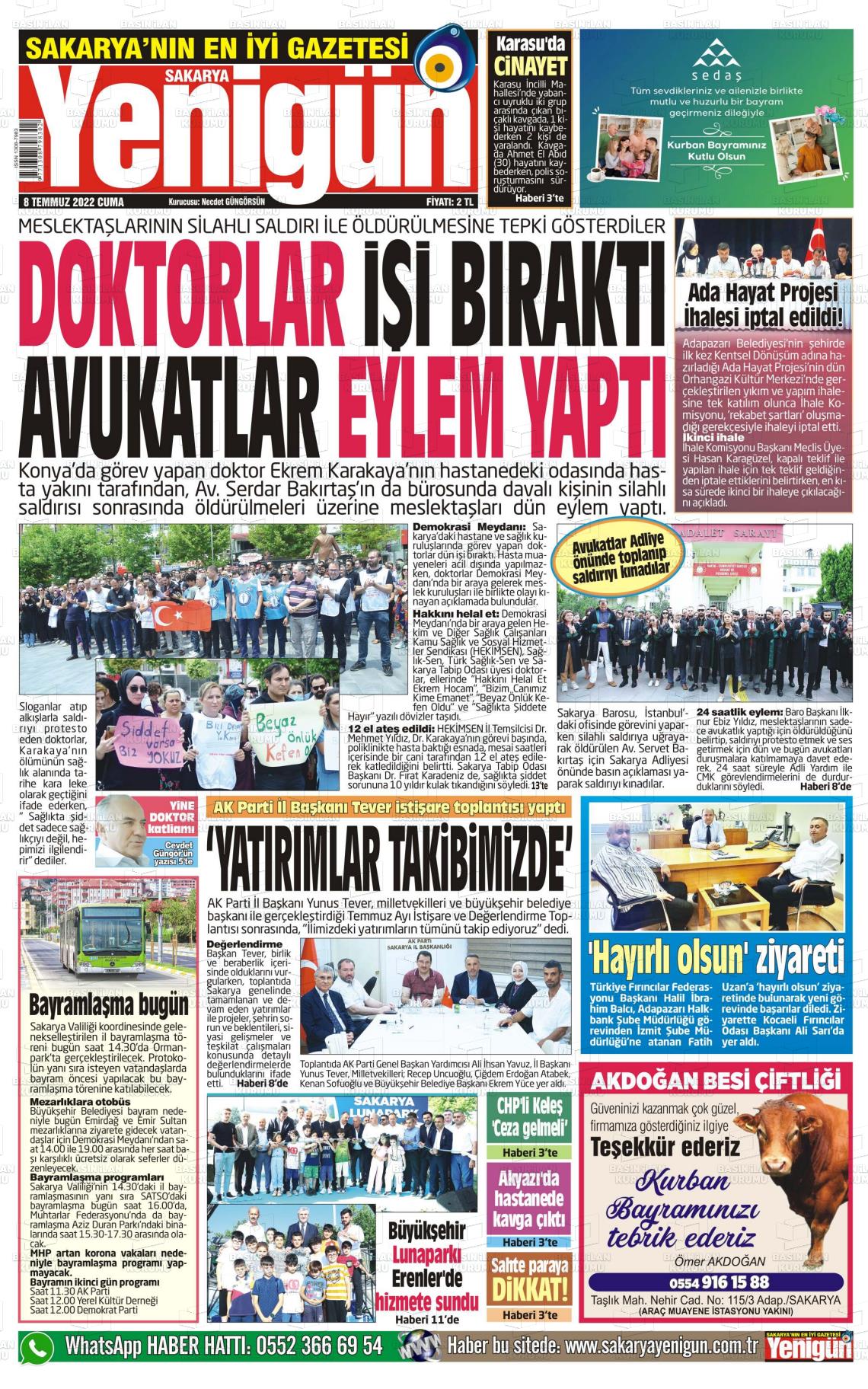 08 Temmuz 2022 Sakarya Yenigün Gazete Manşeti