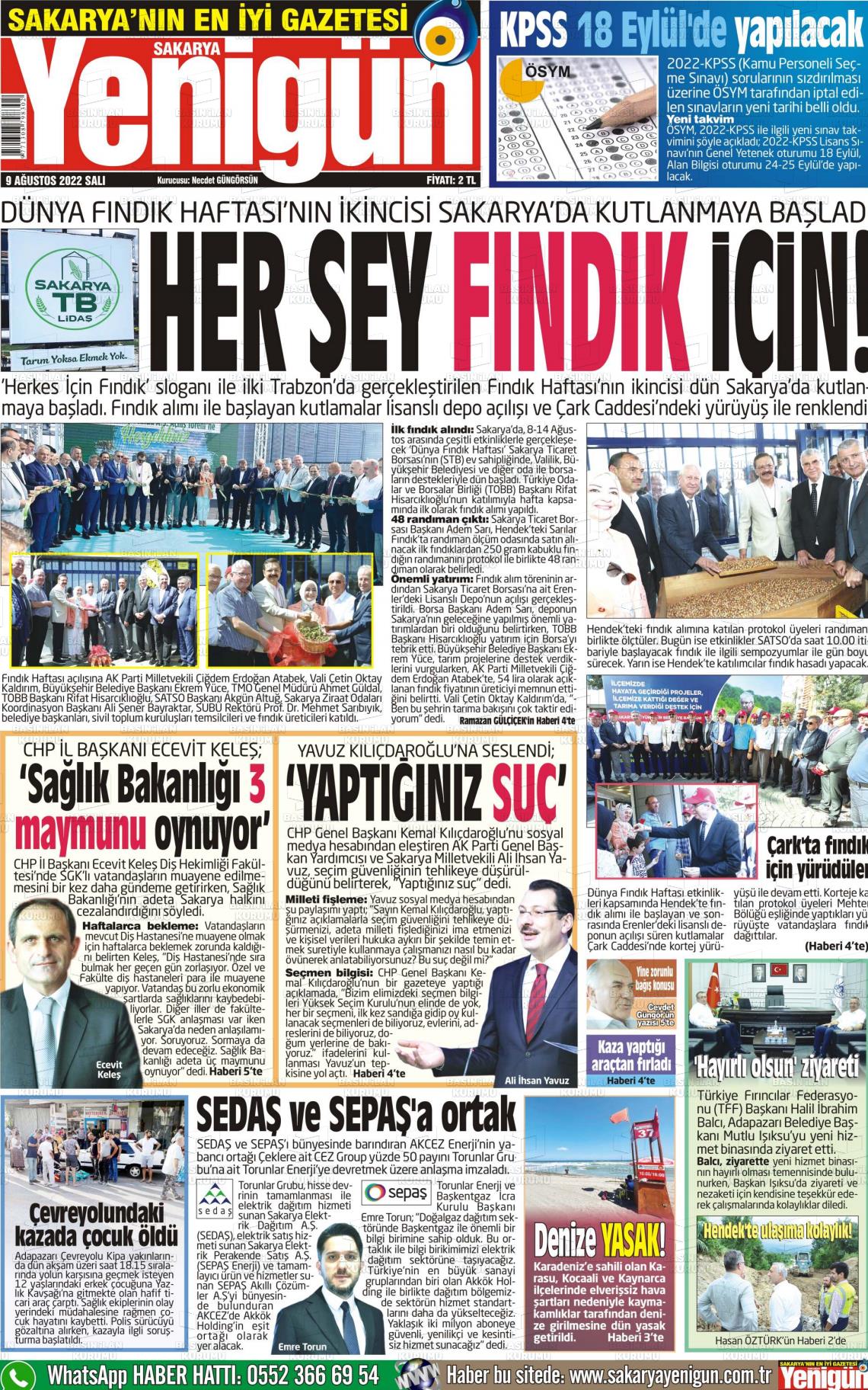 09 Ağustos 2022 Sakarya Yenigün Gazete Manşeti