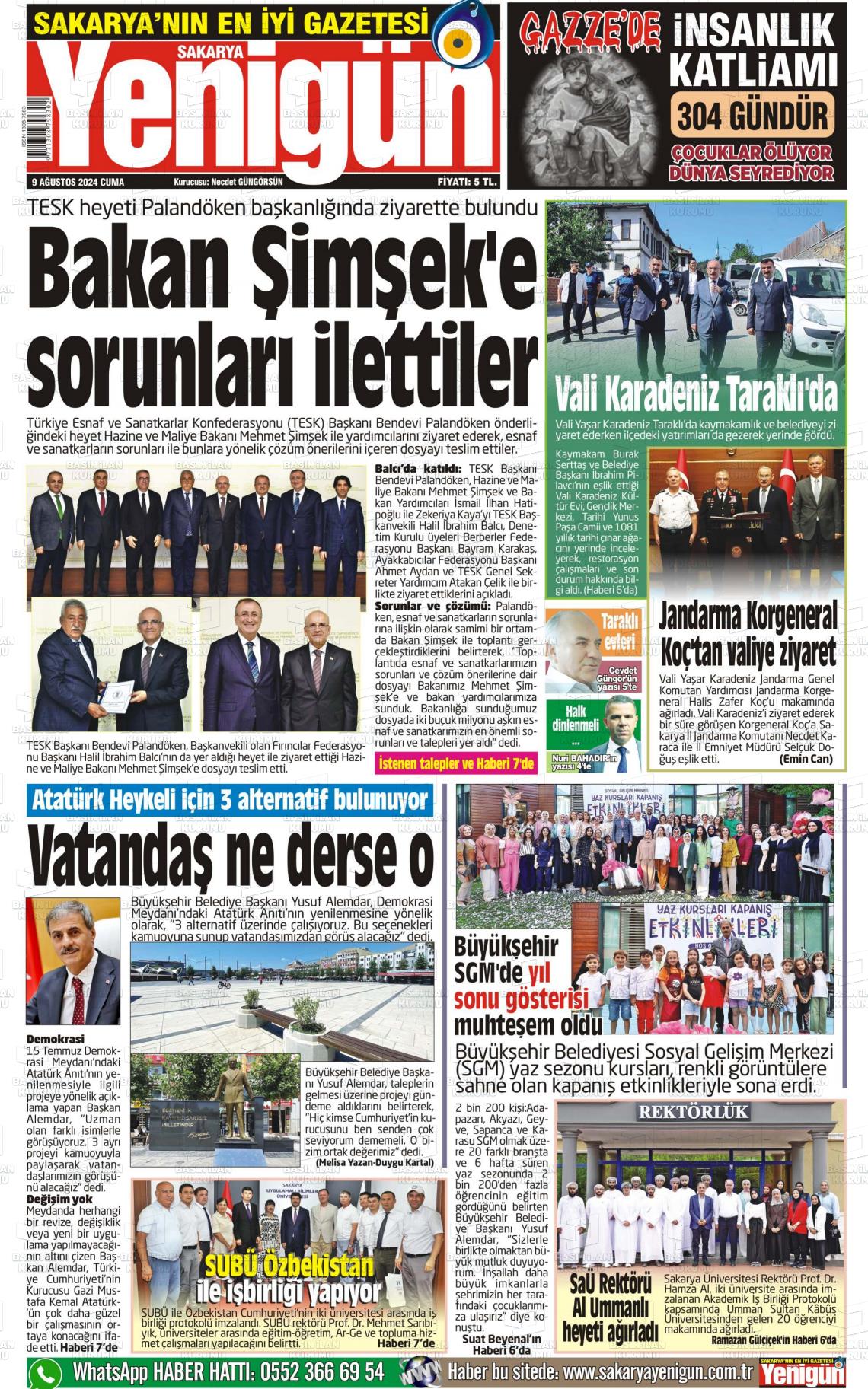 09 Ağustos 2024 Sakarya Yenigün Gazete Manşeti