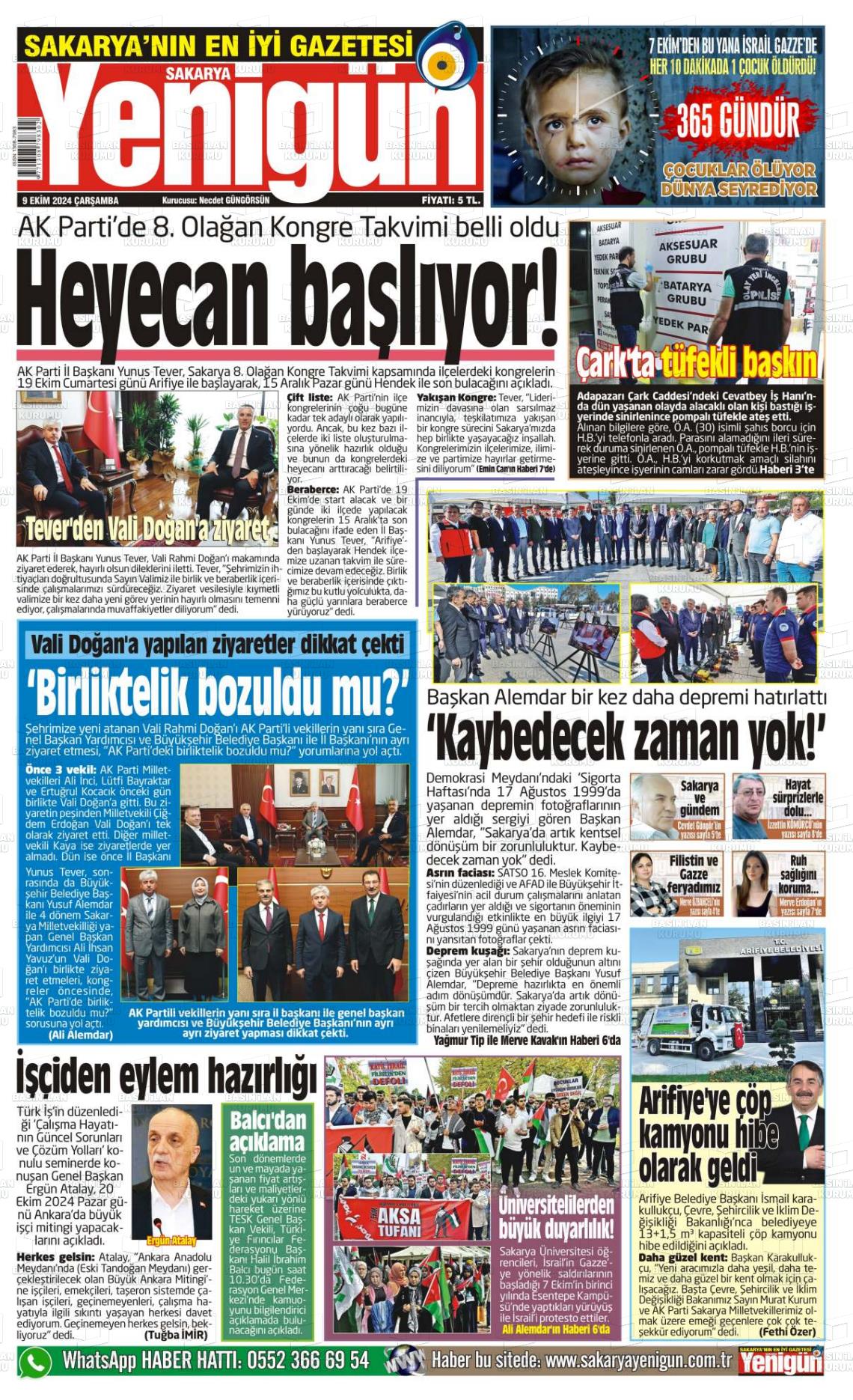 09 Ekim 2024 Sakarya Yenigün Gazete Manşeti