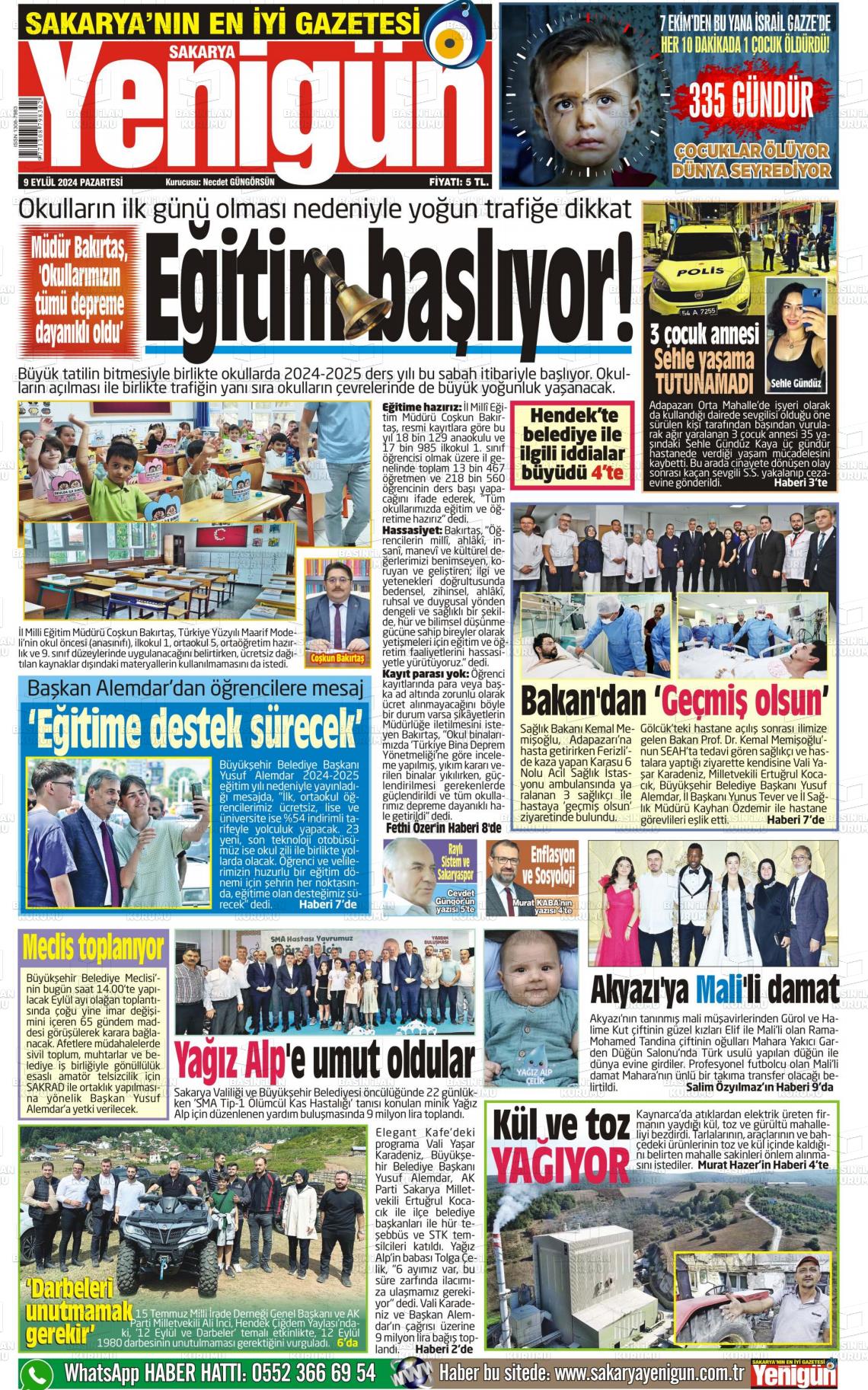 09 Eylül 2024 Sakarya Yenigün Gazete Manşeti