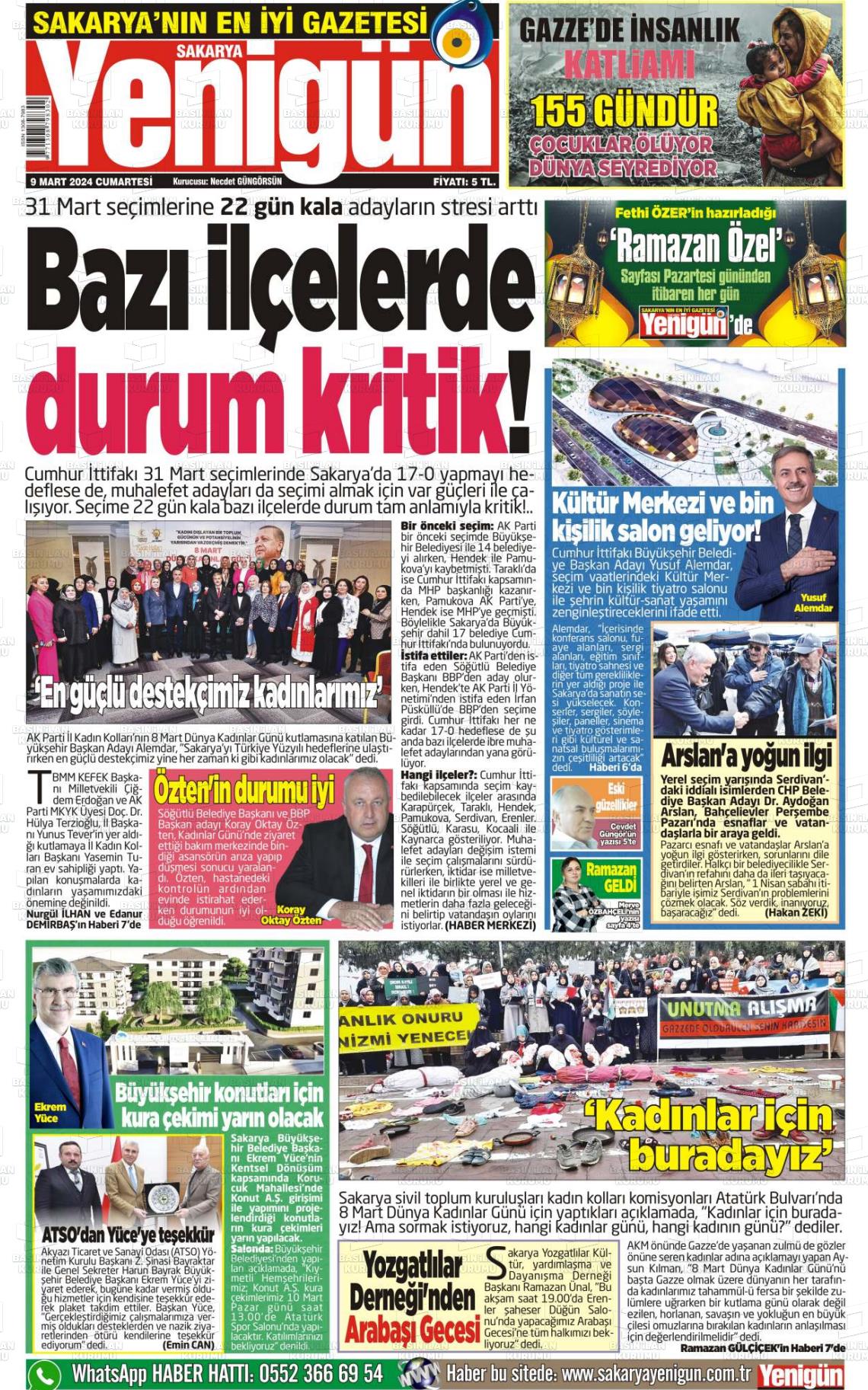 09 Mart 2024 Sakarya Yenigün Gazete Manşeti