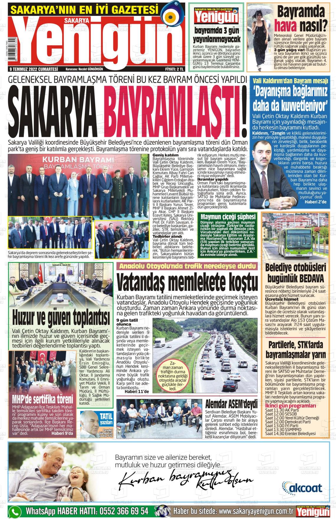 09 Temmuz 2022 Sakarya Yenigün Gazete Manşeti