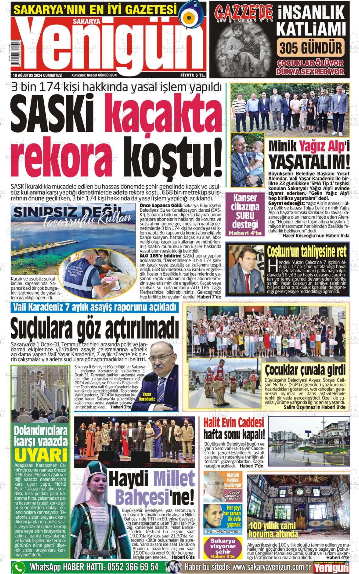 10 Ağustos 2024 Sakarya Yenigün Gazete Manşeti