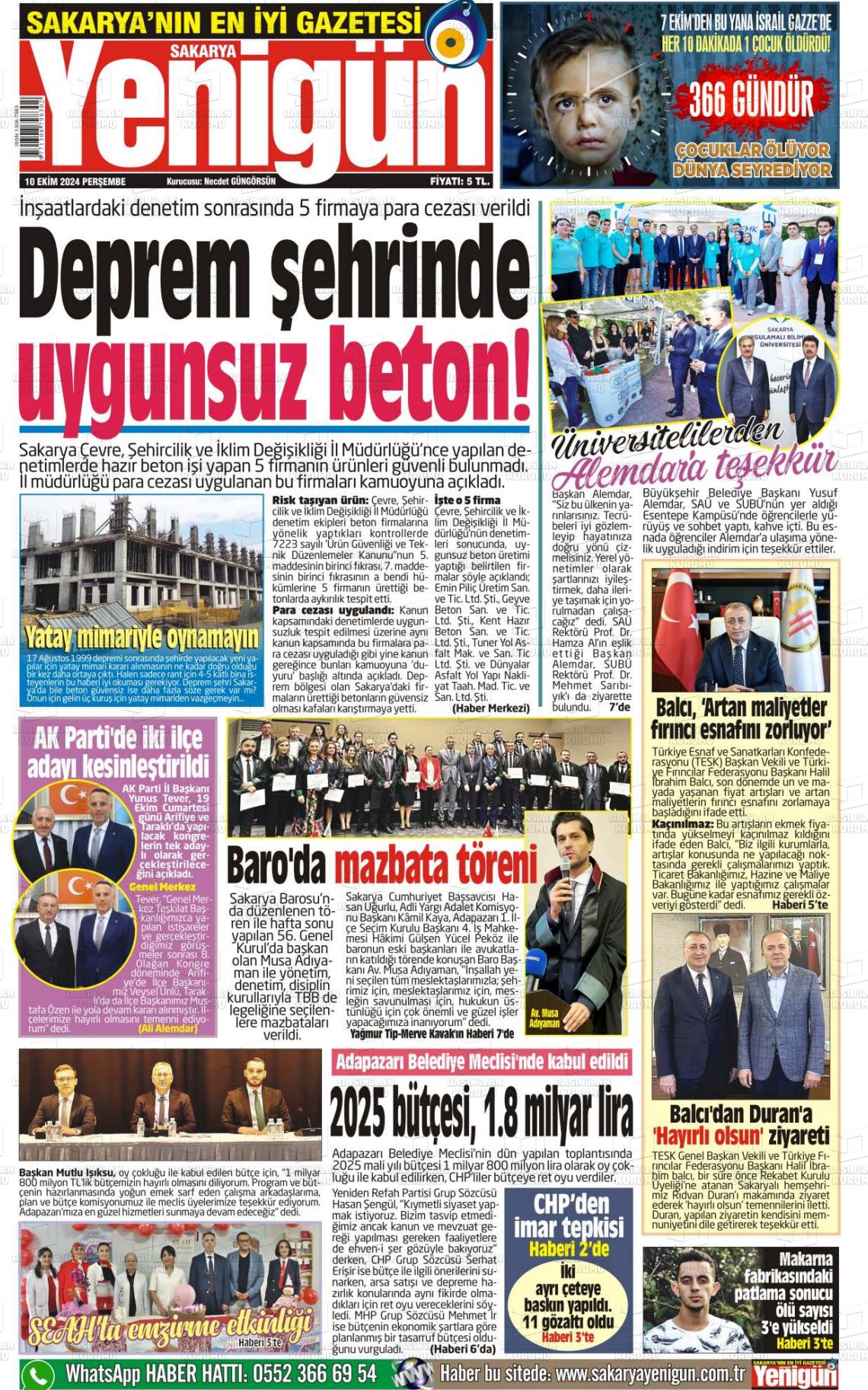 10 Ekim 2024 Sakarya Yenigün Gazete Manşeti