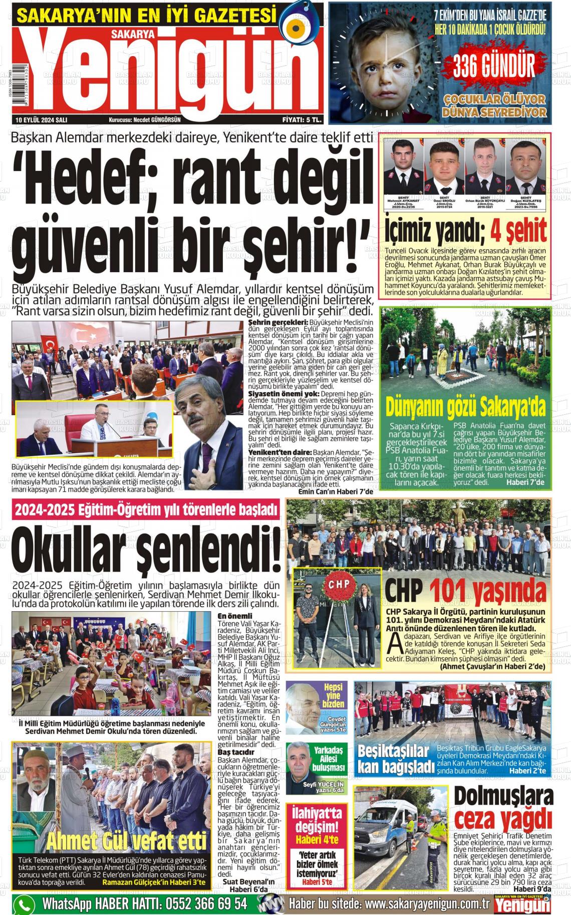 10 Eylül 2024 Sakarya Yenigün Gazete Manşeti