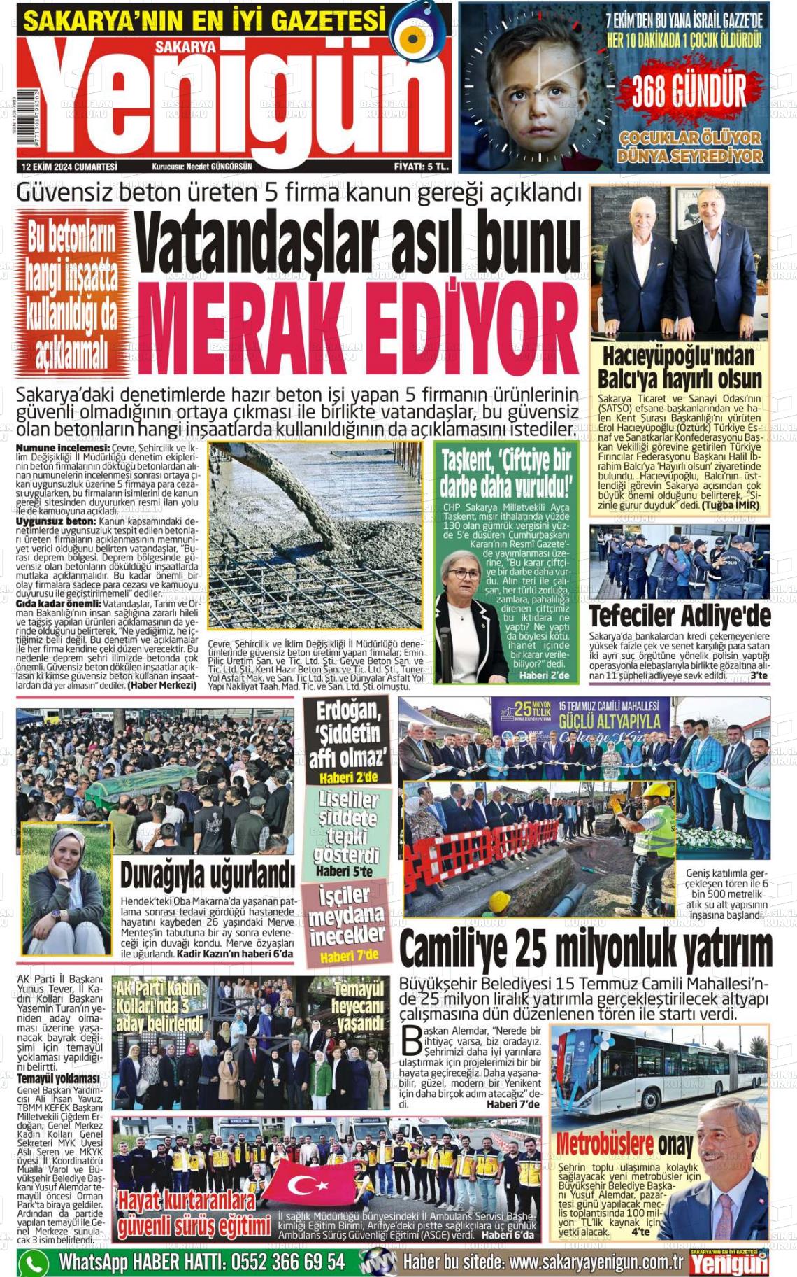 12 Ekim 2024 Sakarya Yenigün Gazete Manşeti