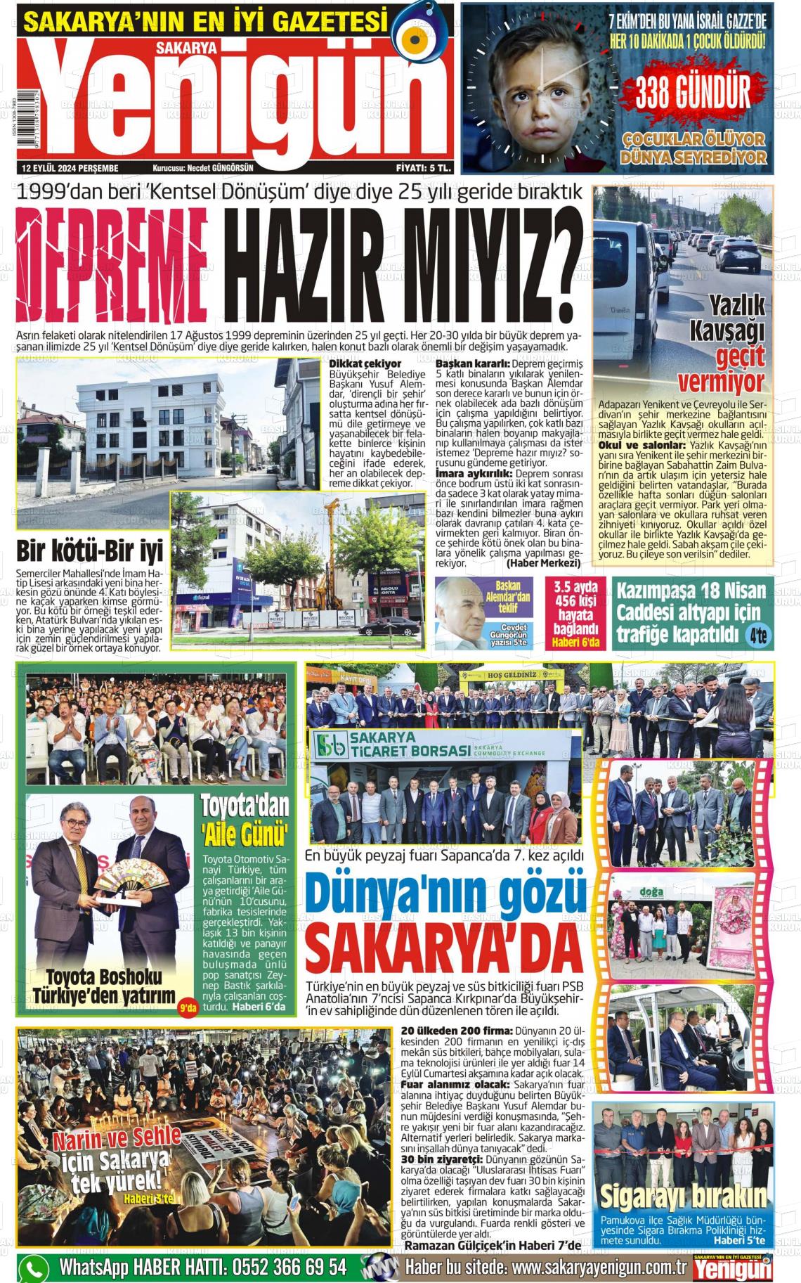 12 Eylül 2024 Sakarya Yenigün Gazete Manşeti