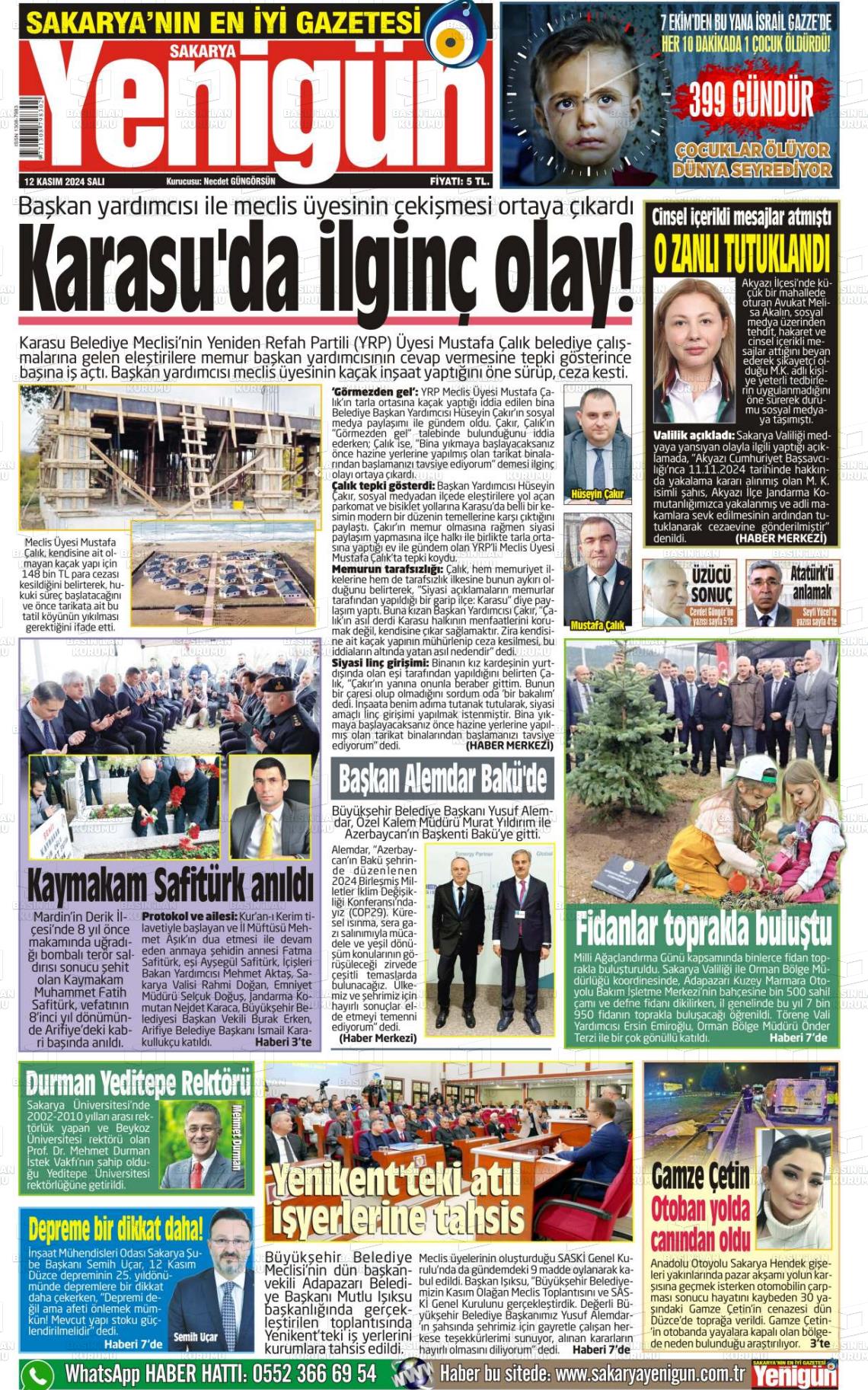 12 Kasım 2024 Sakarya Yenigün Gazete Manşeti