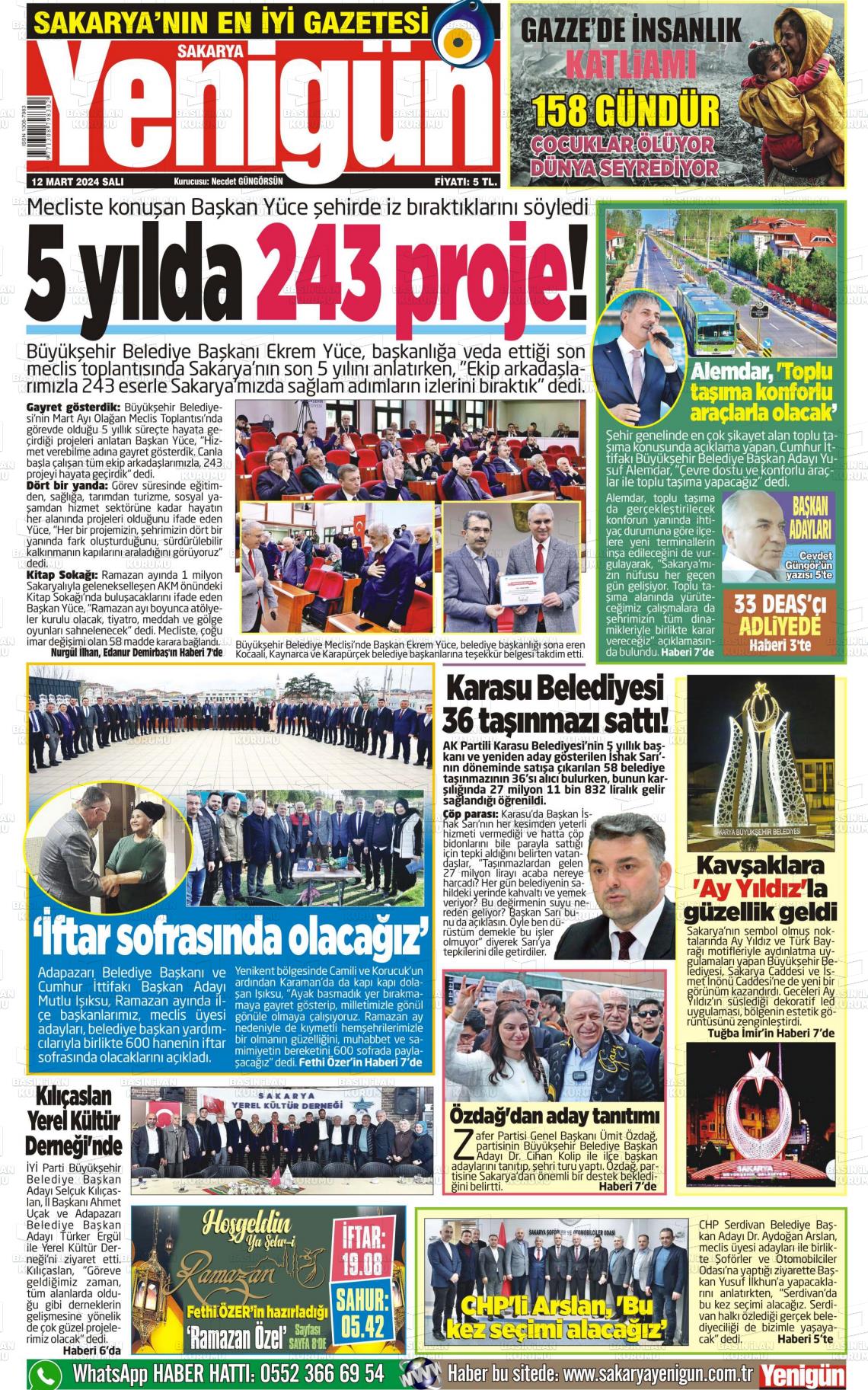 12 Mart 2024 Sakarya Yenigün Gazete Manşeti