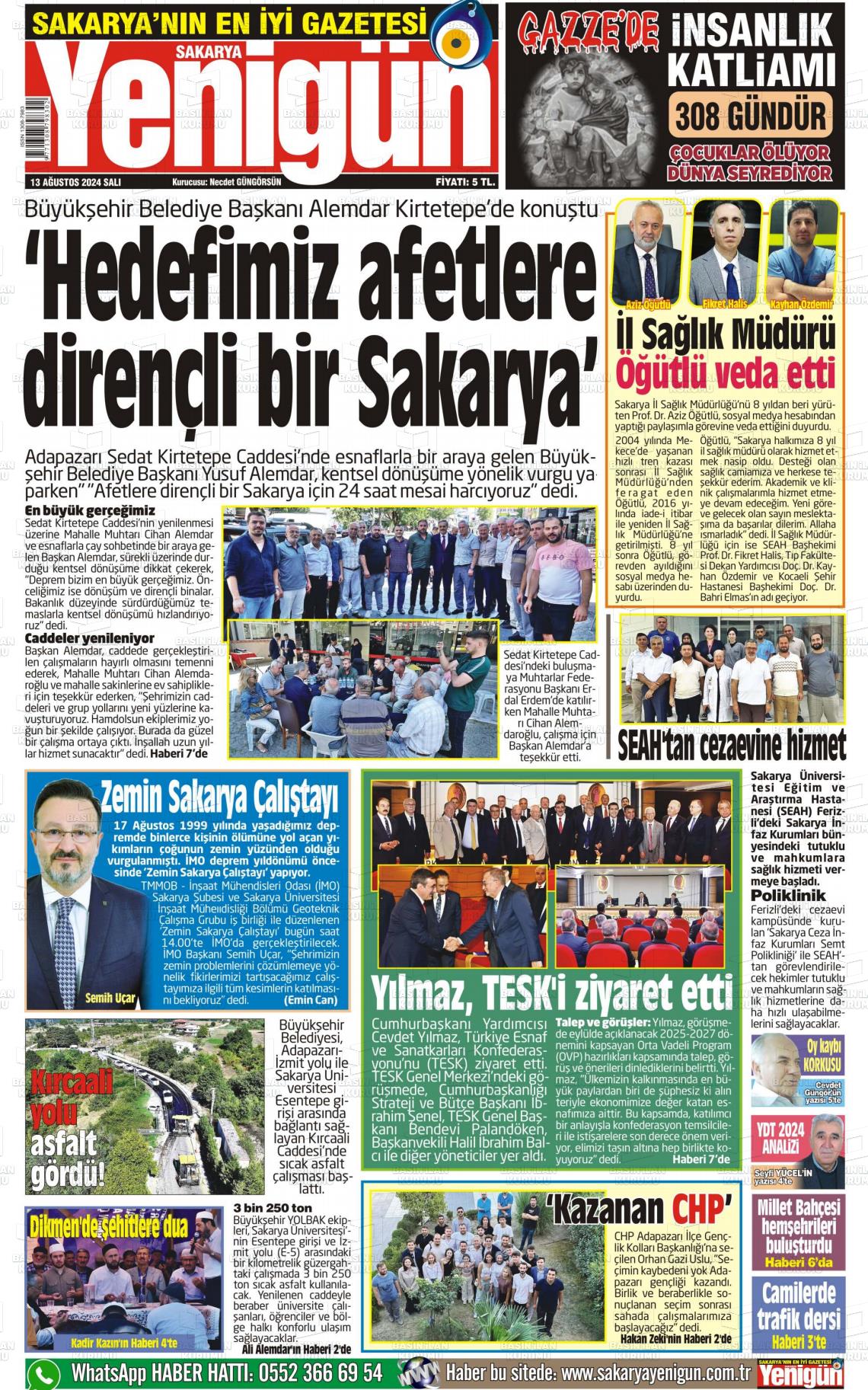 13 Ağustos 2024 Sakarya Yenigün Gazete Manşeti