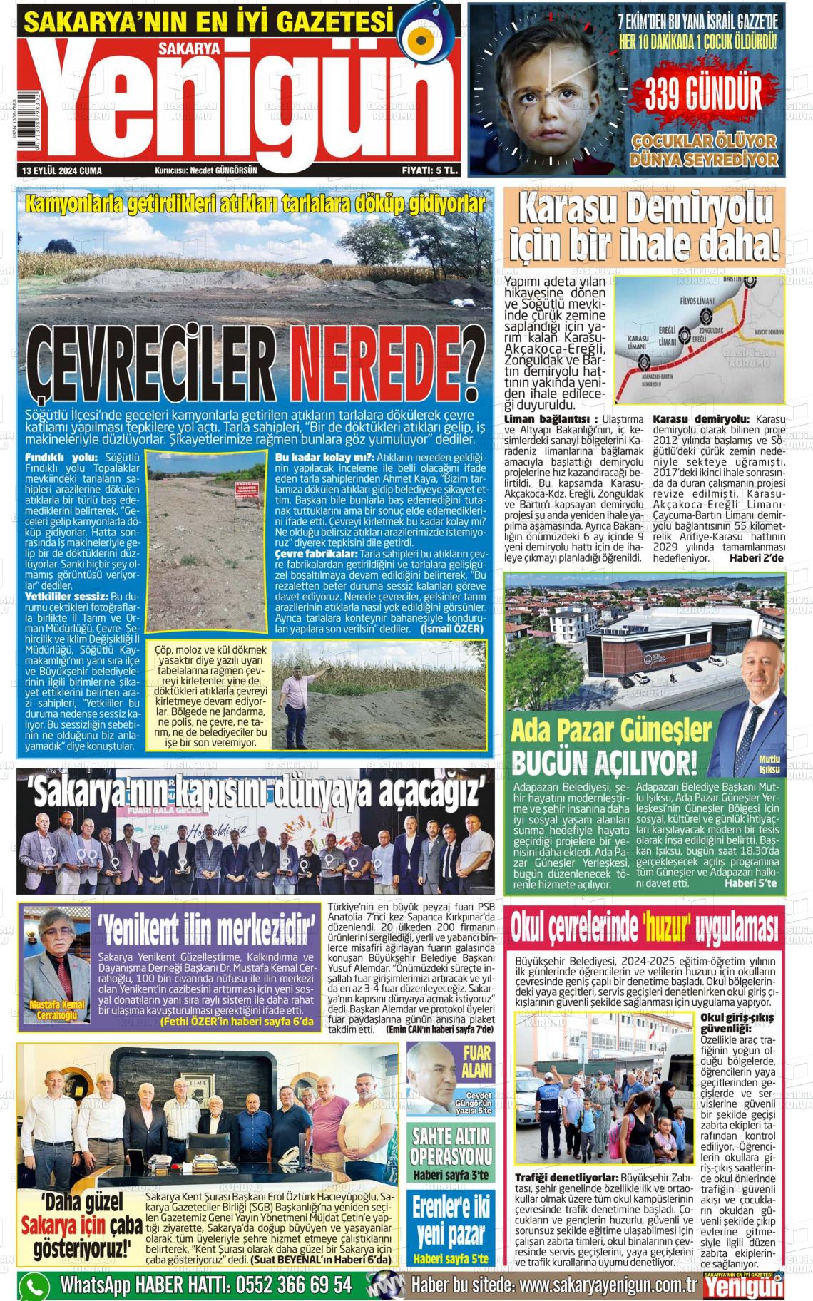 13 Eylül 2024 Sakarya Yenigün Gazete Manşeti