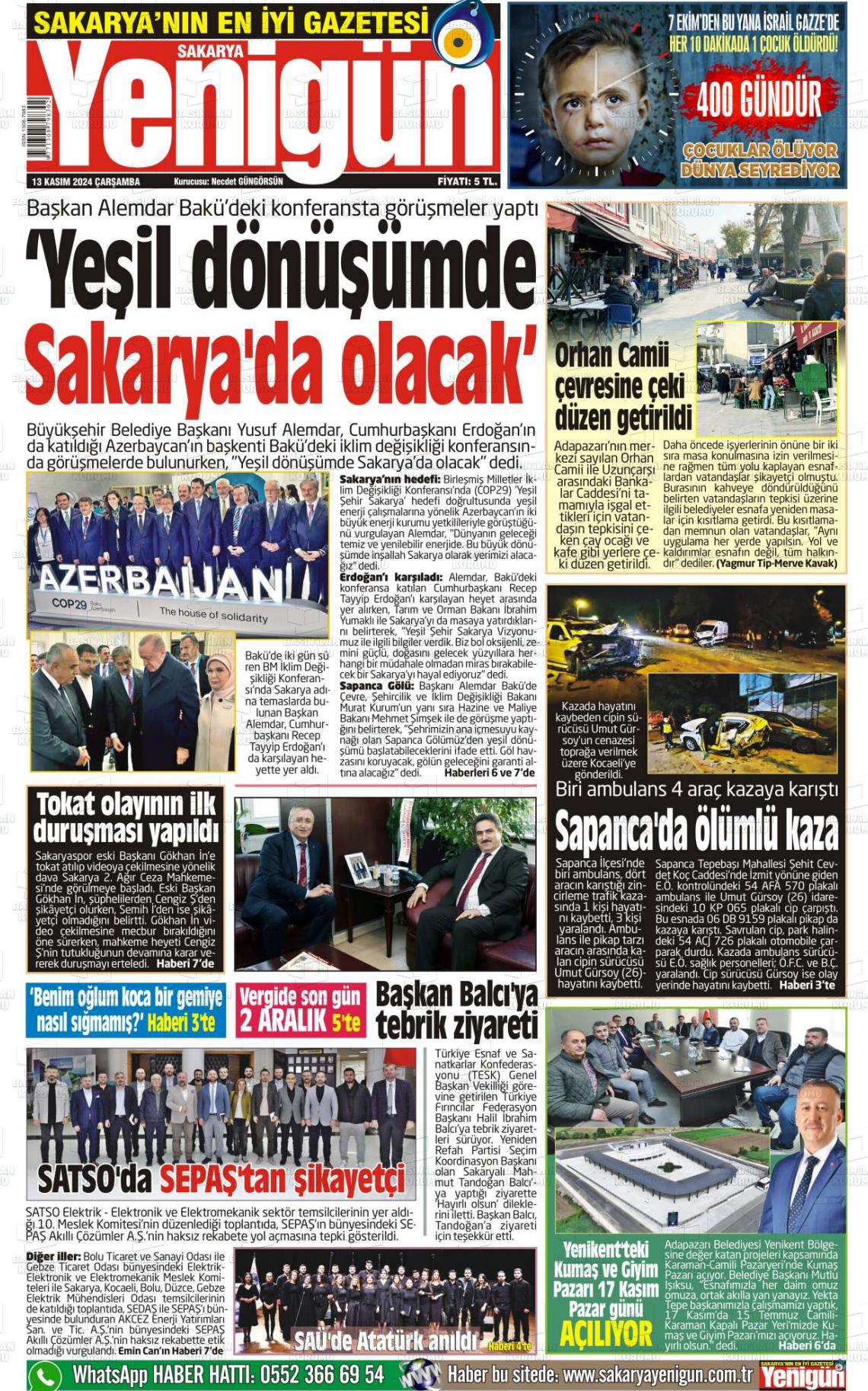 13 Kasım 2024 Sakarya Yenigün Gazete Manşeti