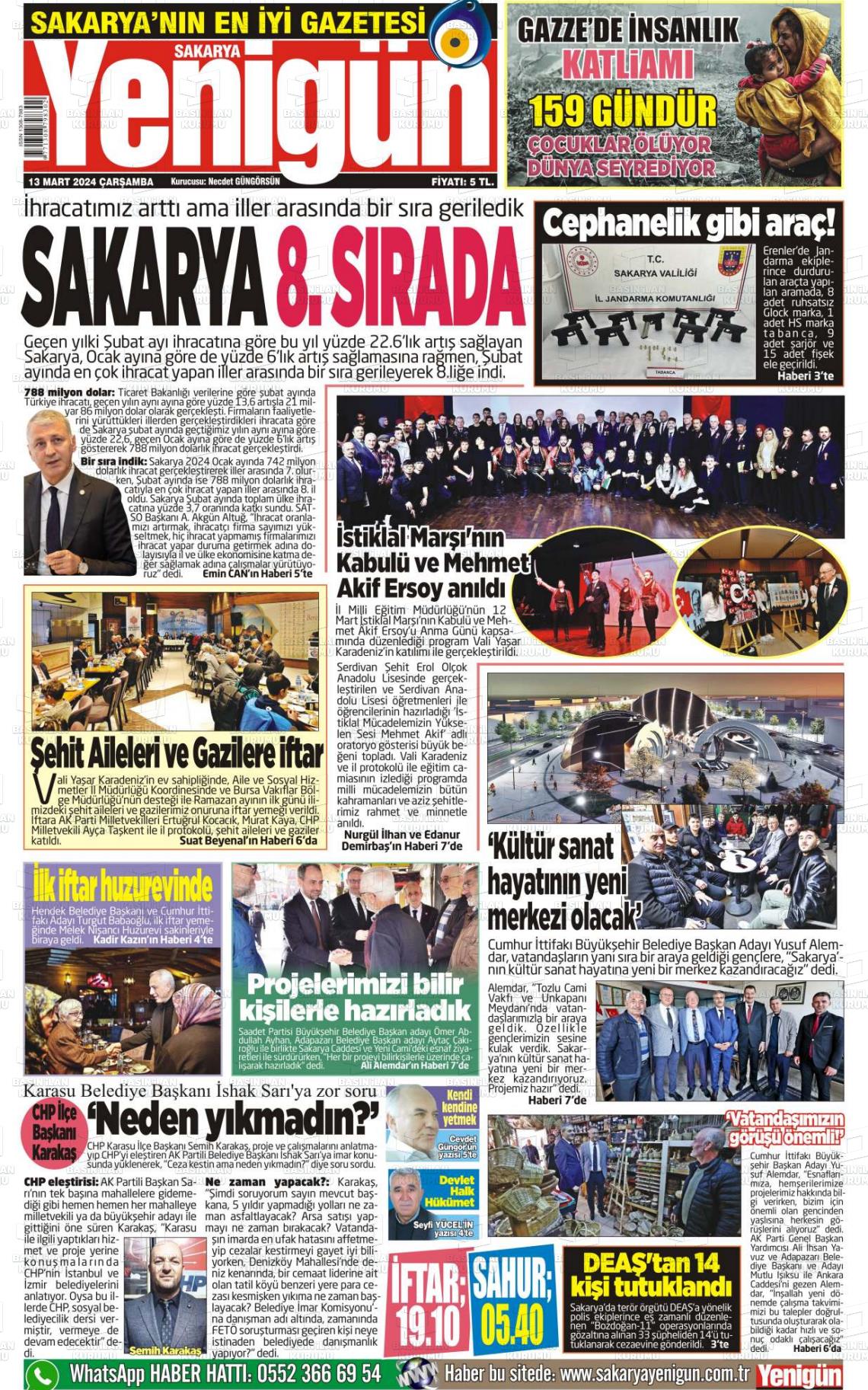 13 Mart 2024 Sakarya Yenigün Gazete Manşeti