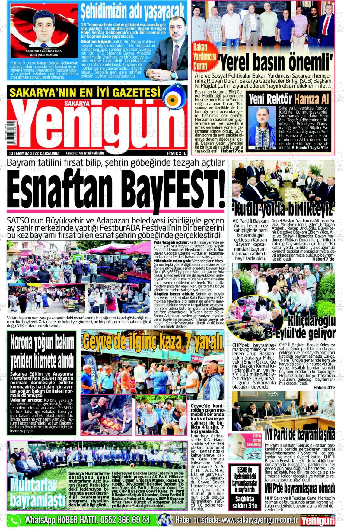 13 Temmuz 2022 Sakarya Yenigün Gazete Manşeti