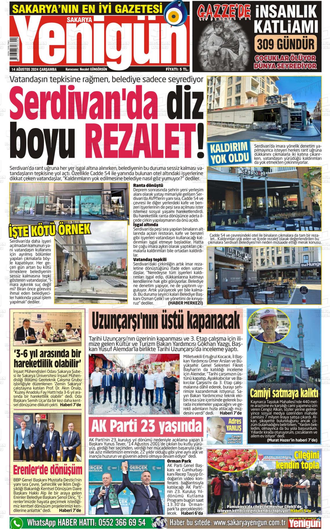 14 Ağustos 2024 Sakarya Yenigün Gazete Manşeti