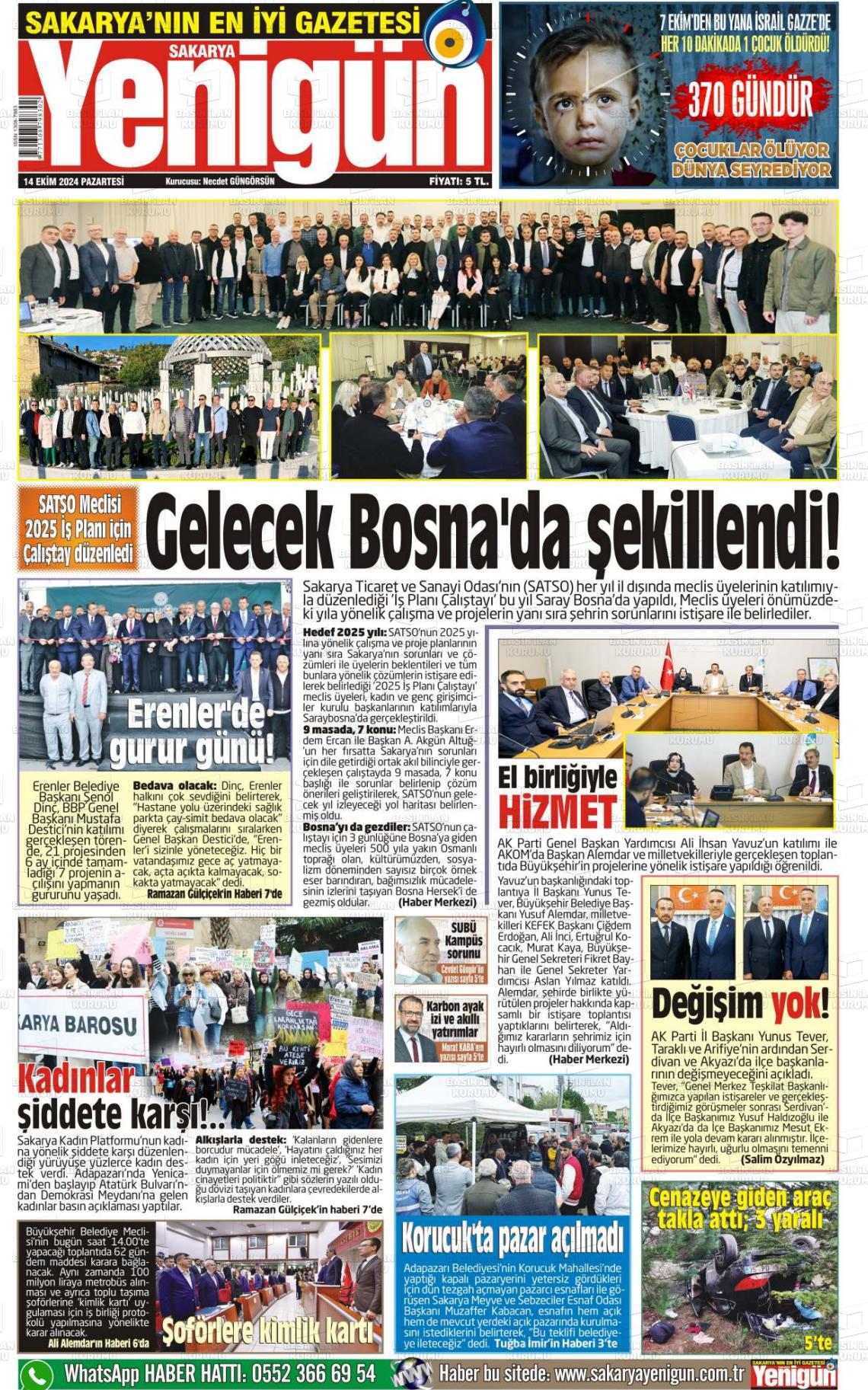 14 Ekim 2024 Sakarya Yenigün Gazete Manşeti