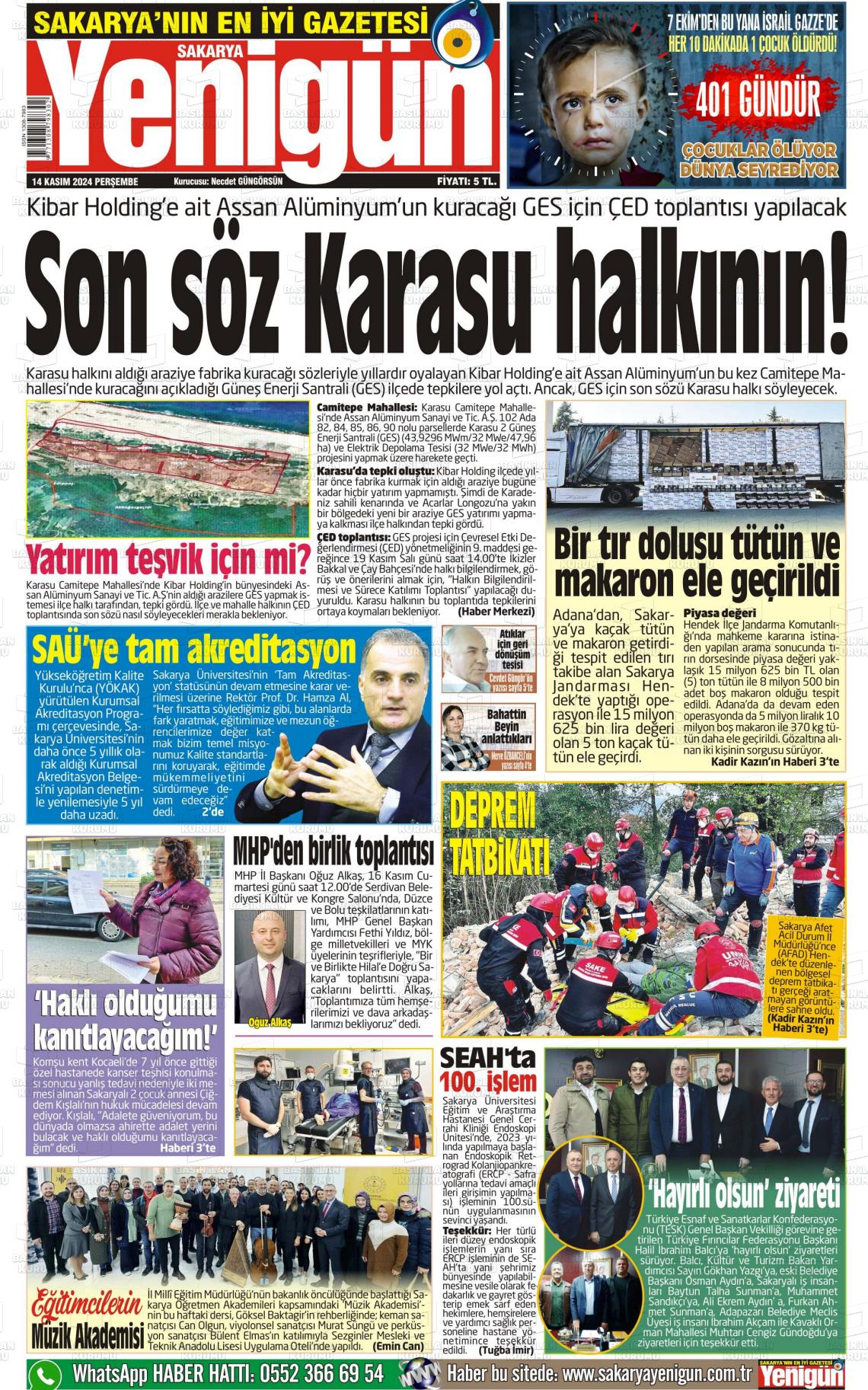 14 Kasım 2024 Sakarya Yenigün Gazete Manşeti