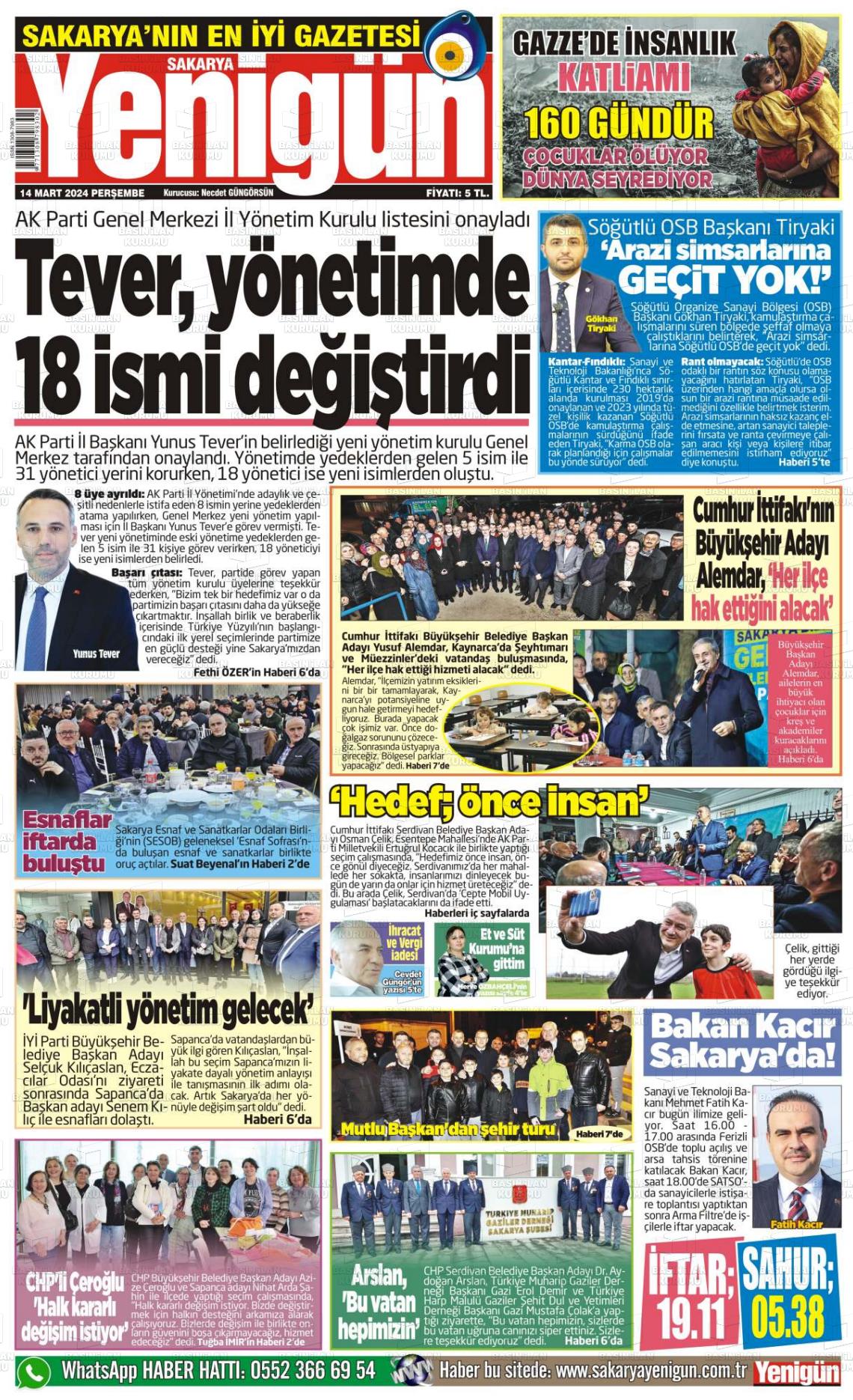 14 Mart 2024 Sakarya Yenigün Gazete Manşeti