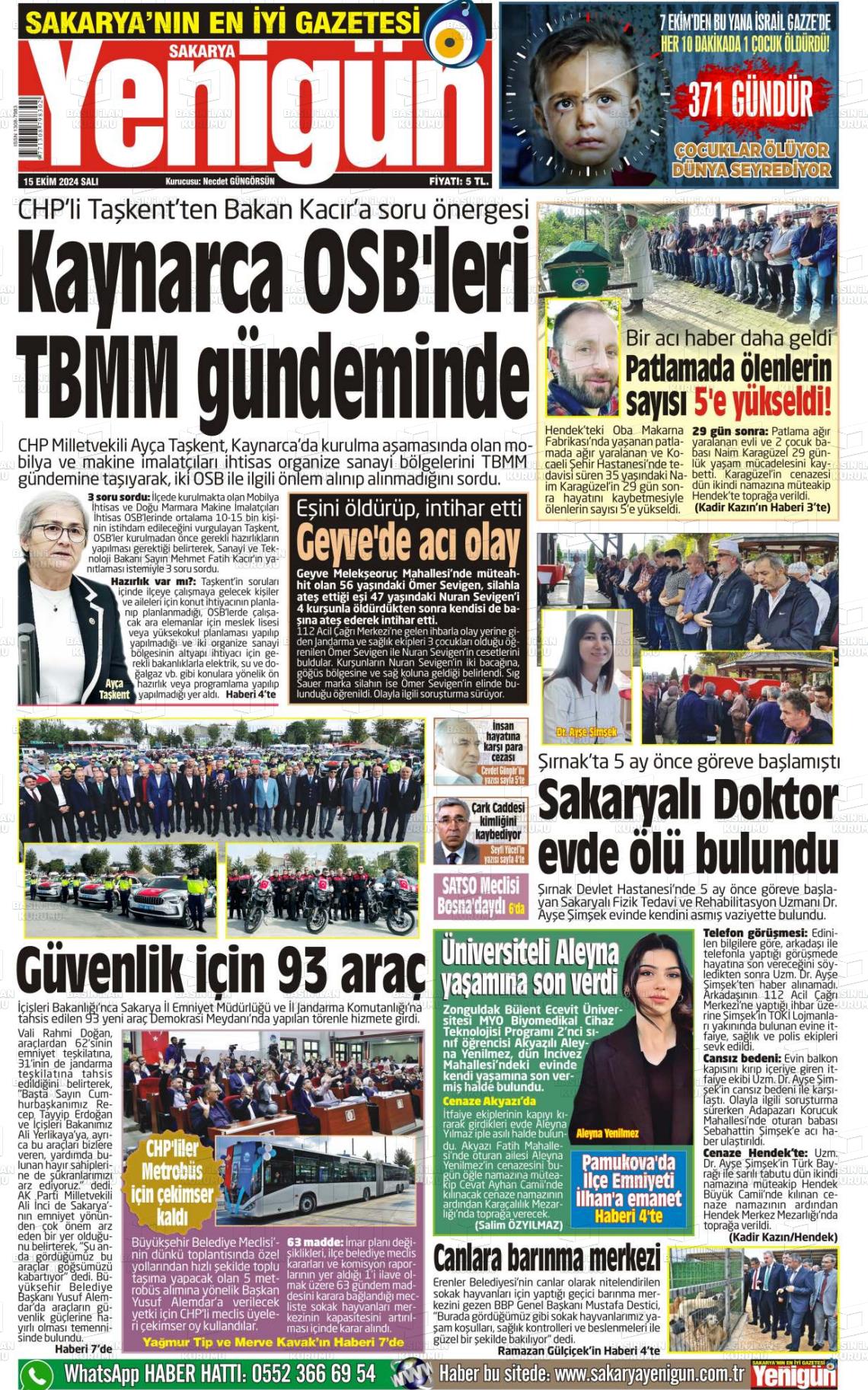 15 Ekim 2024 Sakarya Yenigün Gazete Manşeti