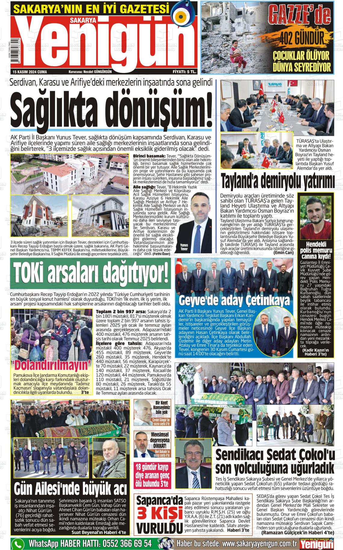 15 Kasım 2024 Sakarya Yenigün Gazete Manşeti