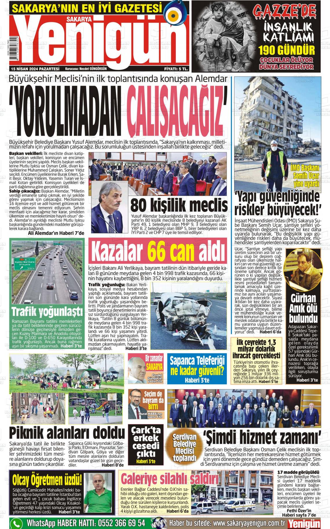 15 Nisan 2024 Sakarya Yenigün Gazete Manşeti