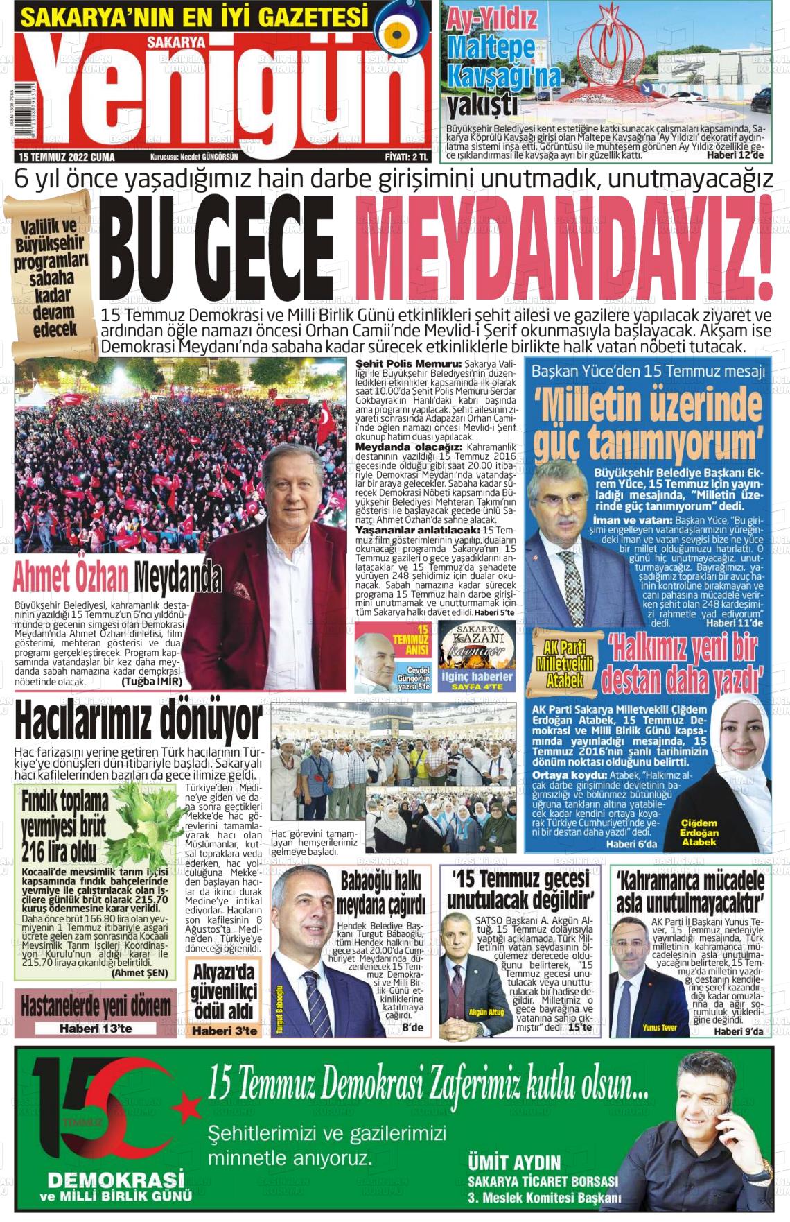 15 Temmuz 2022 Sakarya Yenigün Gazete Manşeti