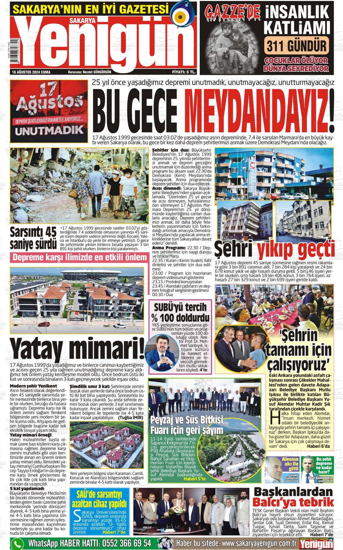 16 Ağustos 2024 Sakarya Yenigün Gazete Manşeti