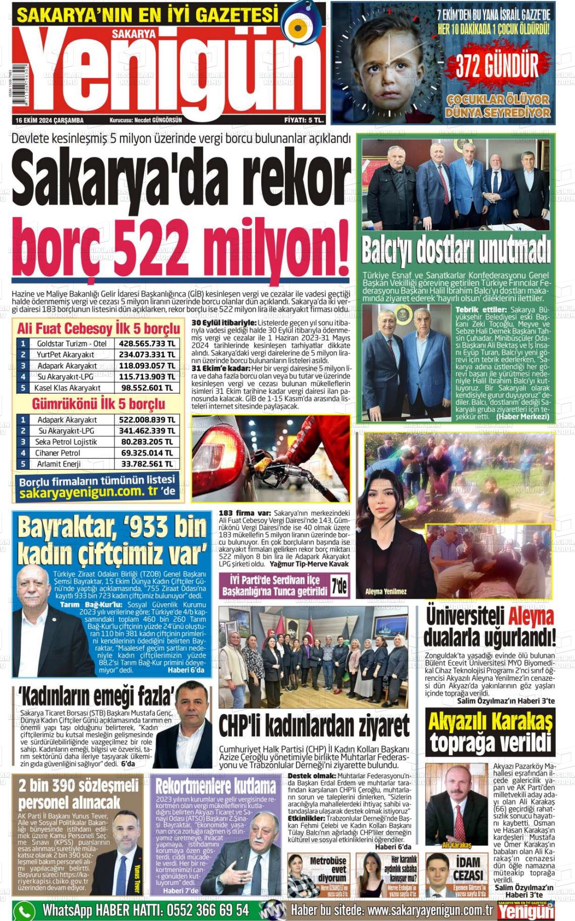 16 Ekim 2024 Sakarya Yenigün Gazete Manşeti