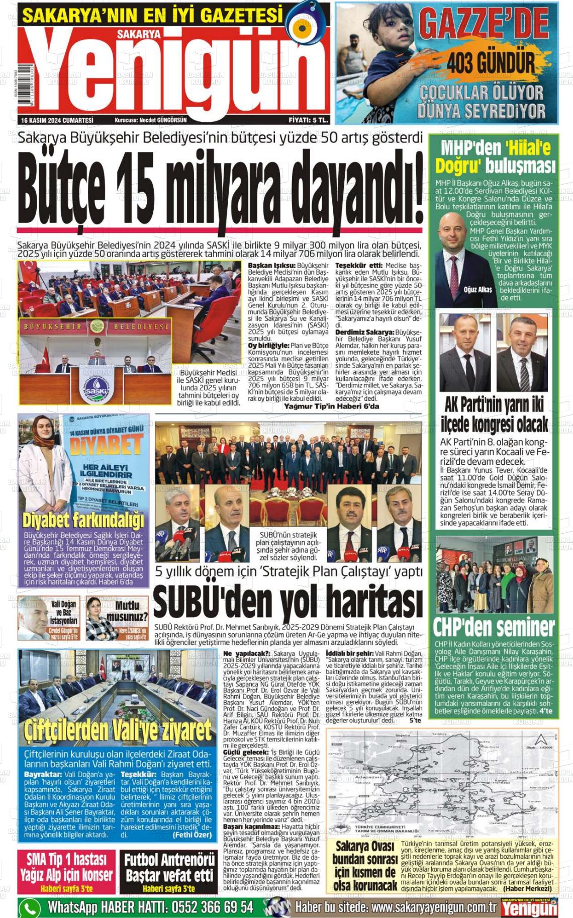 16 Kasım 2024 Sakarya Yenigün Gazete Manşeti