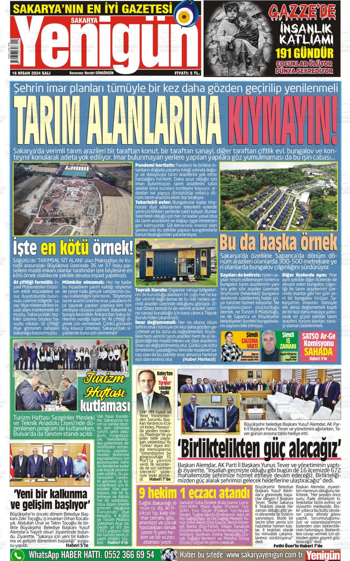 16 Nisan 2024 Sakarya Yenigün Gazete Manşeti