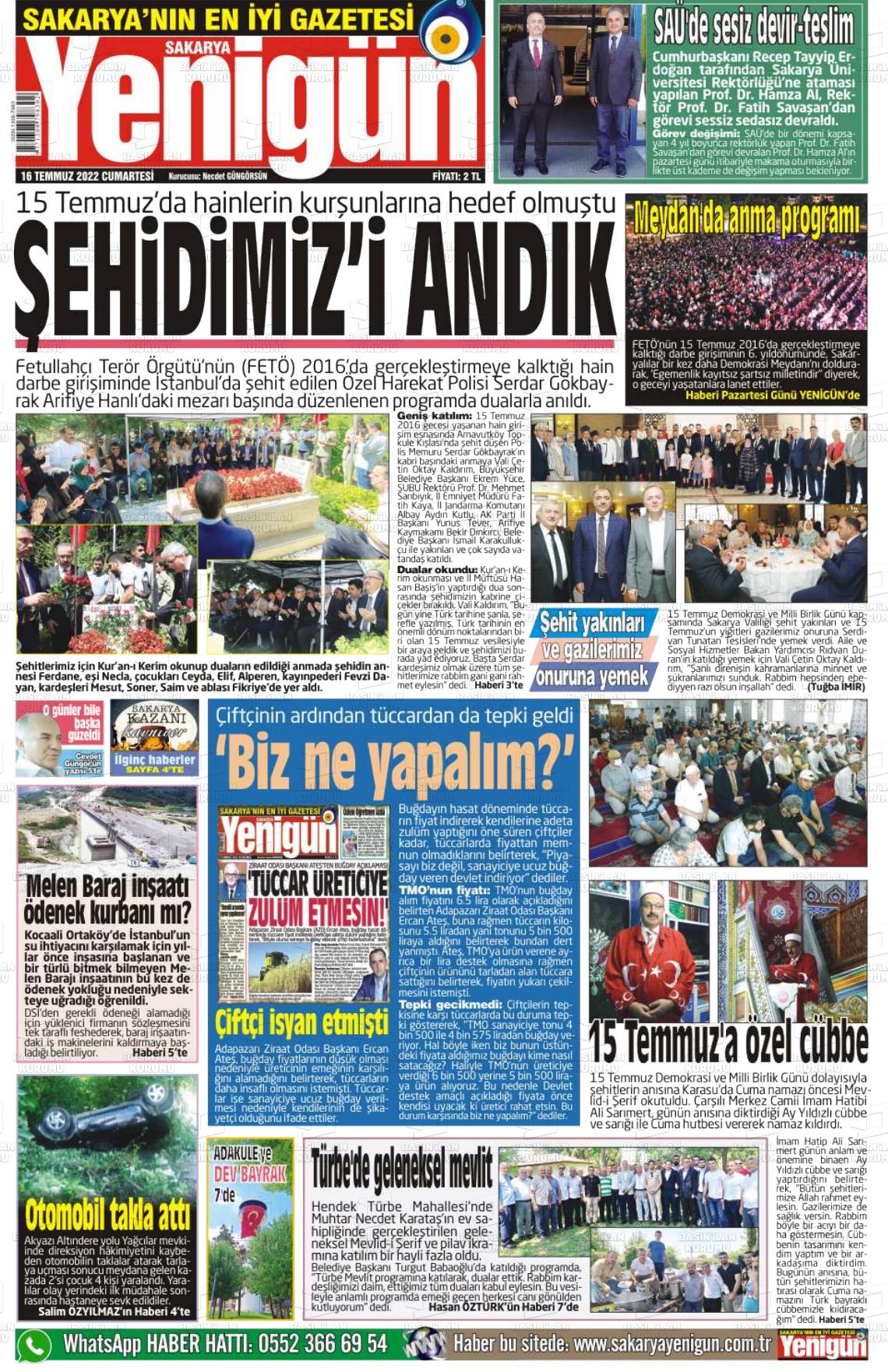 16 Temmuz 2022 Sakarya Yenigün Gazete Manşeti