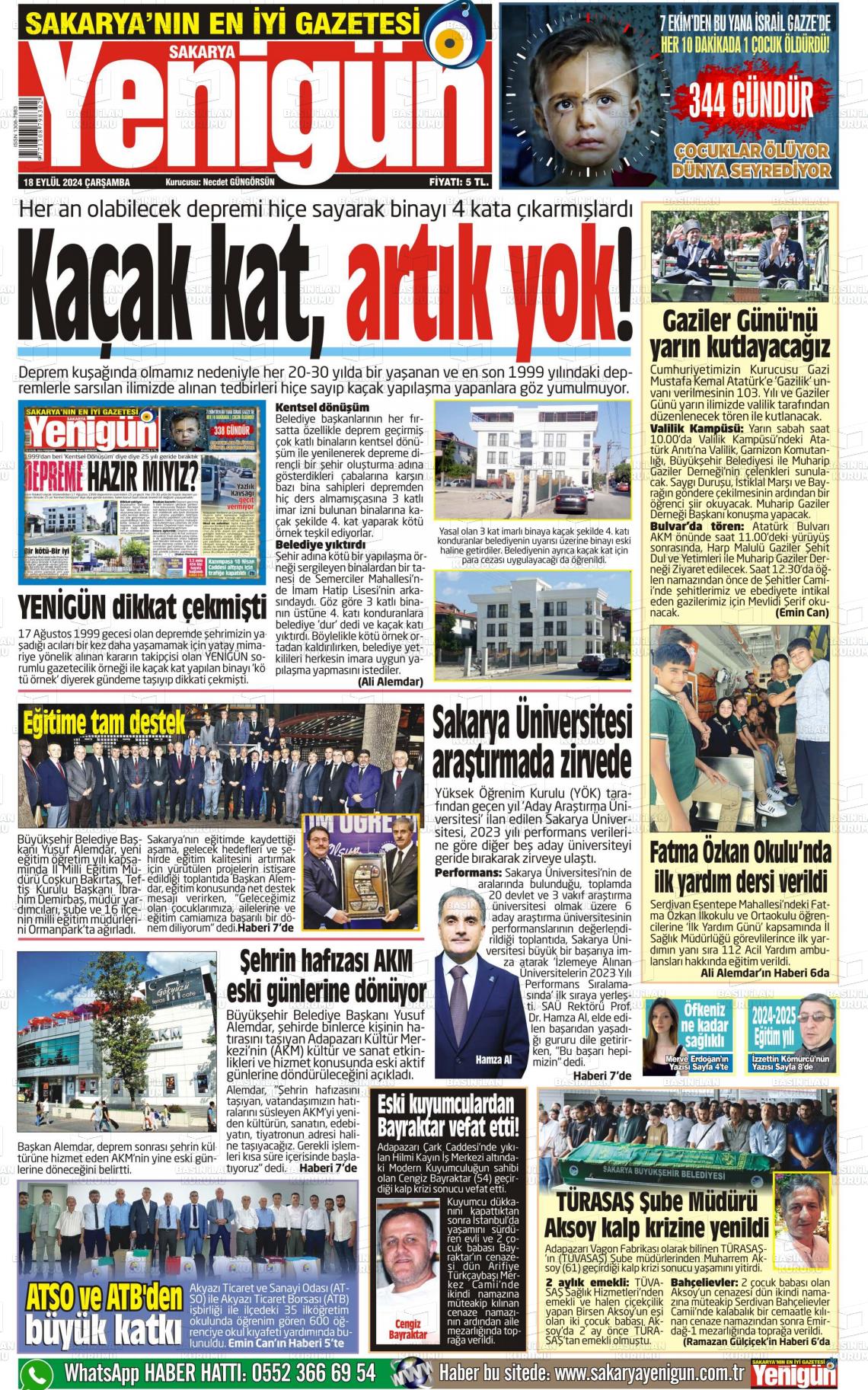 18 Eylül 2024 Sakarya Yenigün Gazete Manşeti