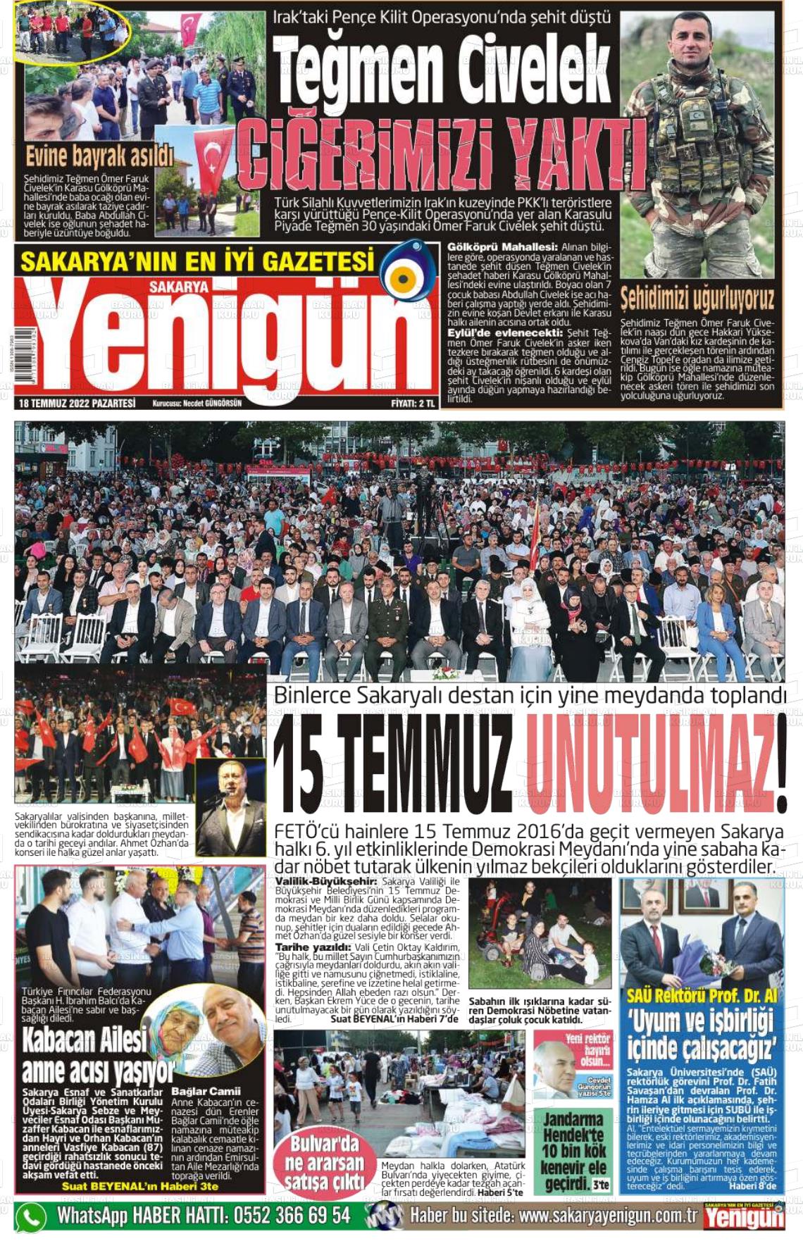 18 Temmuz 2022 Sakarya Yenigün Gazete Manşeti